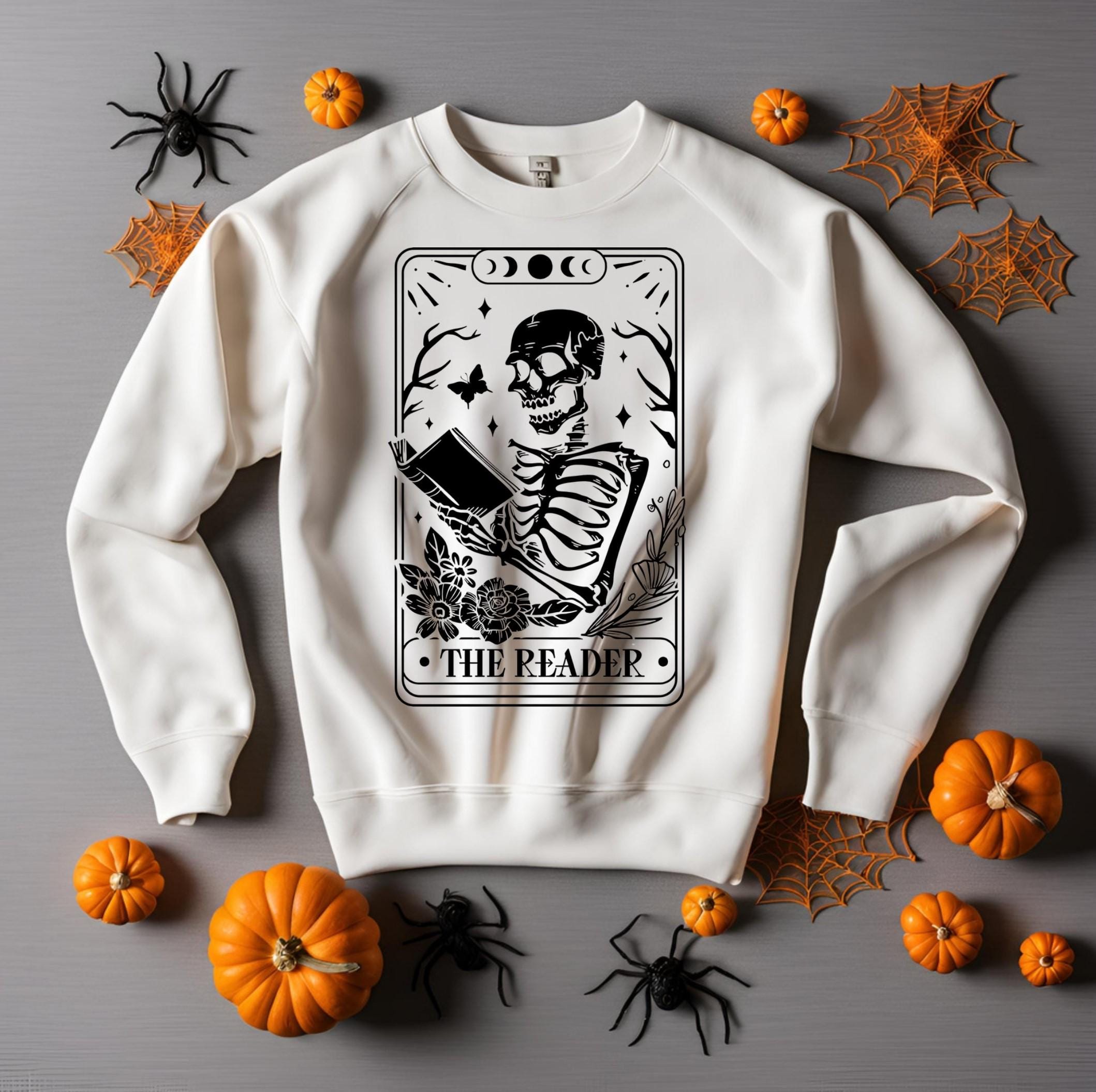 The Reader Tarot Card Sweatshirt: Gothic Skeleton Book Lover Crewneck