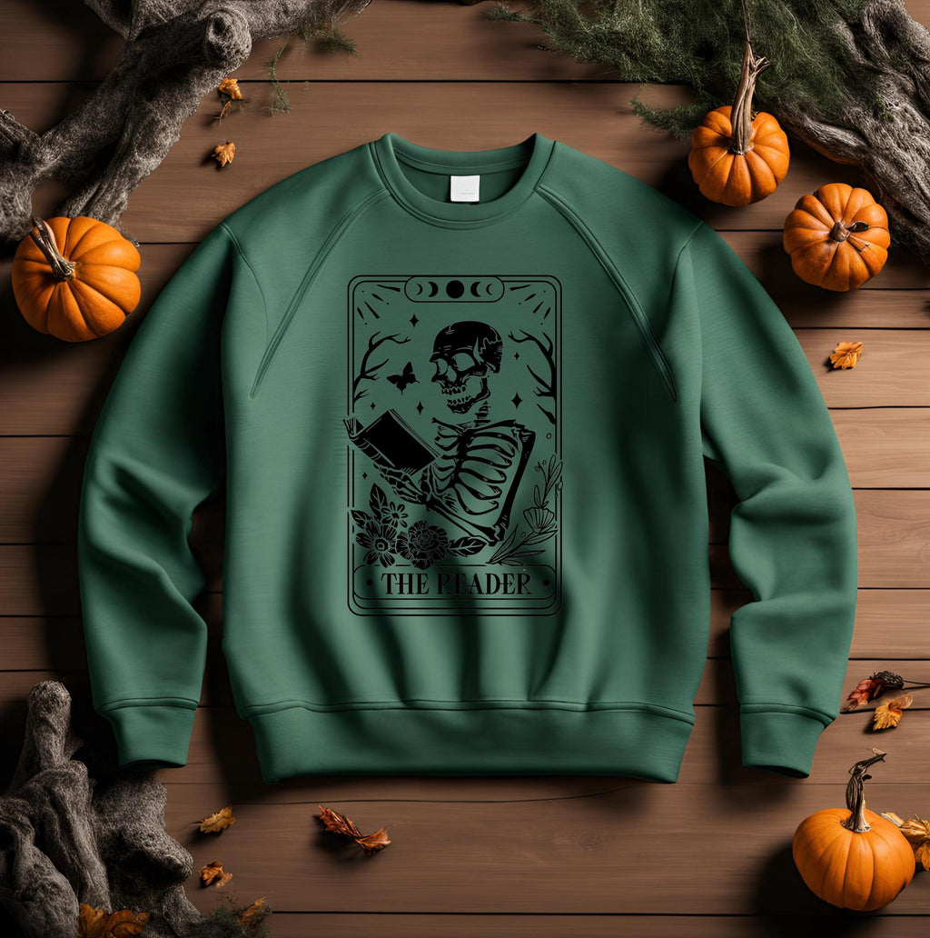 The Reader Tarot Card Sweatshirt: Gothic Skeleton Book Lover Crewneck