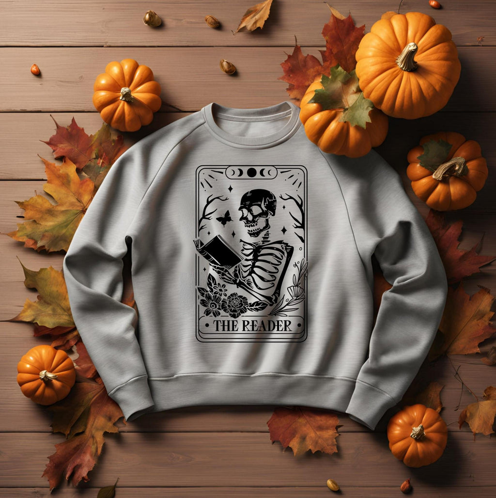 The Reader Tarot Card Sweatshirt: Gothic Skeleton Book Lover Crewneck