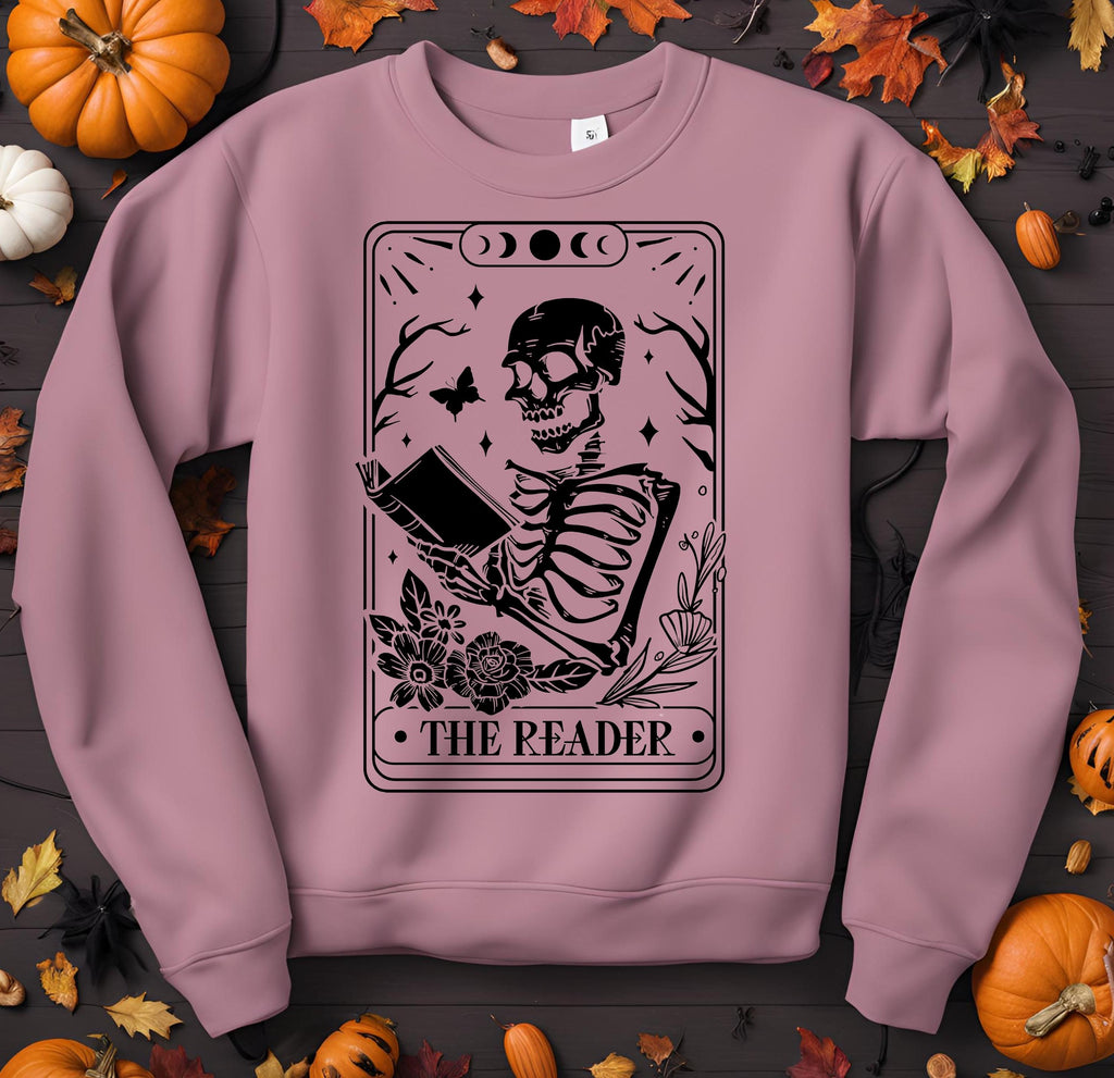 The Reader Tarot Card Sweatshirt: Gothic Skeleton Book Lover Crewneck