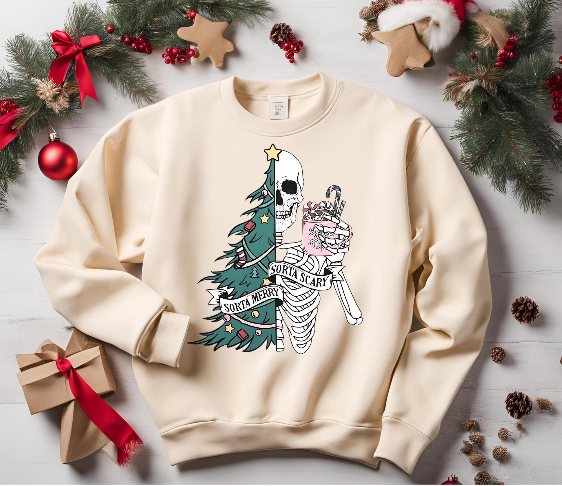 Sorta Merry Sorta Scary, Spooky Christmas Sweatshirt: Skeleton Tree, Gothic Creepmas Bella Canvas