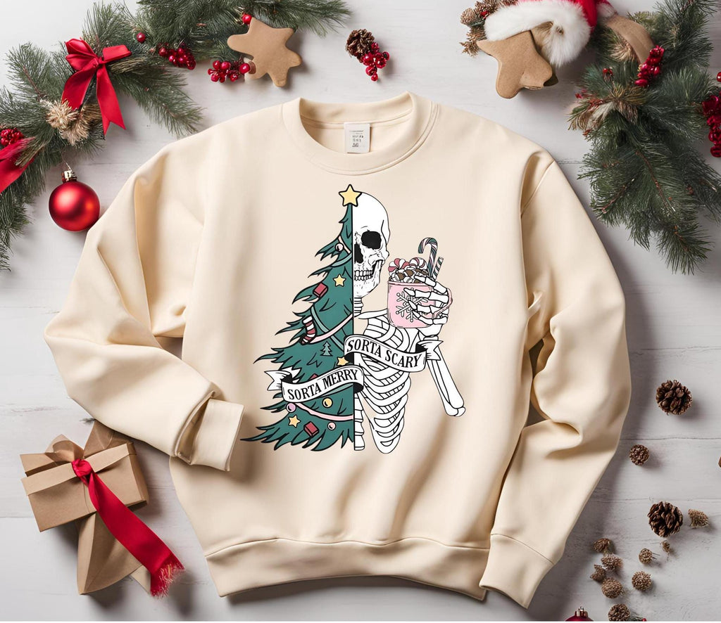 Sorta Merry Sorta Scary, Spooky Christmas Sweatshirt: Skeleton Tree, Gothic Creepmas Bella Canvas