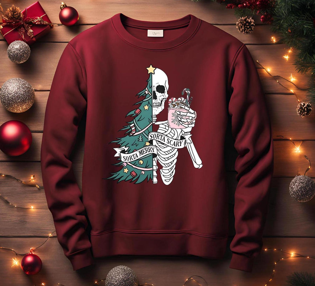 Sorta Merry Sorta Scary, Spooky Christmas Sweatshirt: Skeleton Tree, Gothic Creepmas Bella Canvas