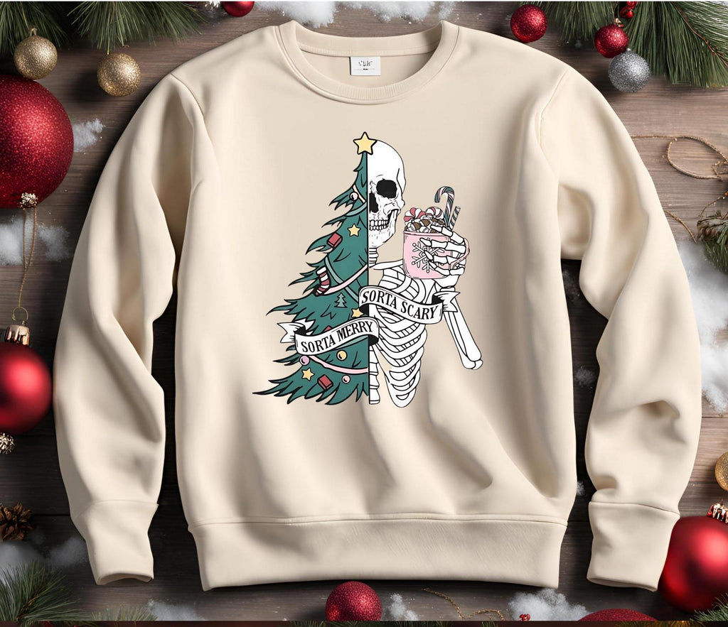 Sorta Merry Sorta Scary, Spooky Christmas Sweatshirt: Skeleton Tree, Gothic Creepmas Bella Canvas