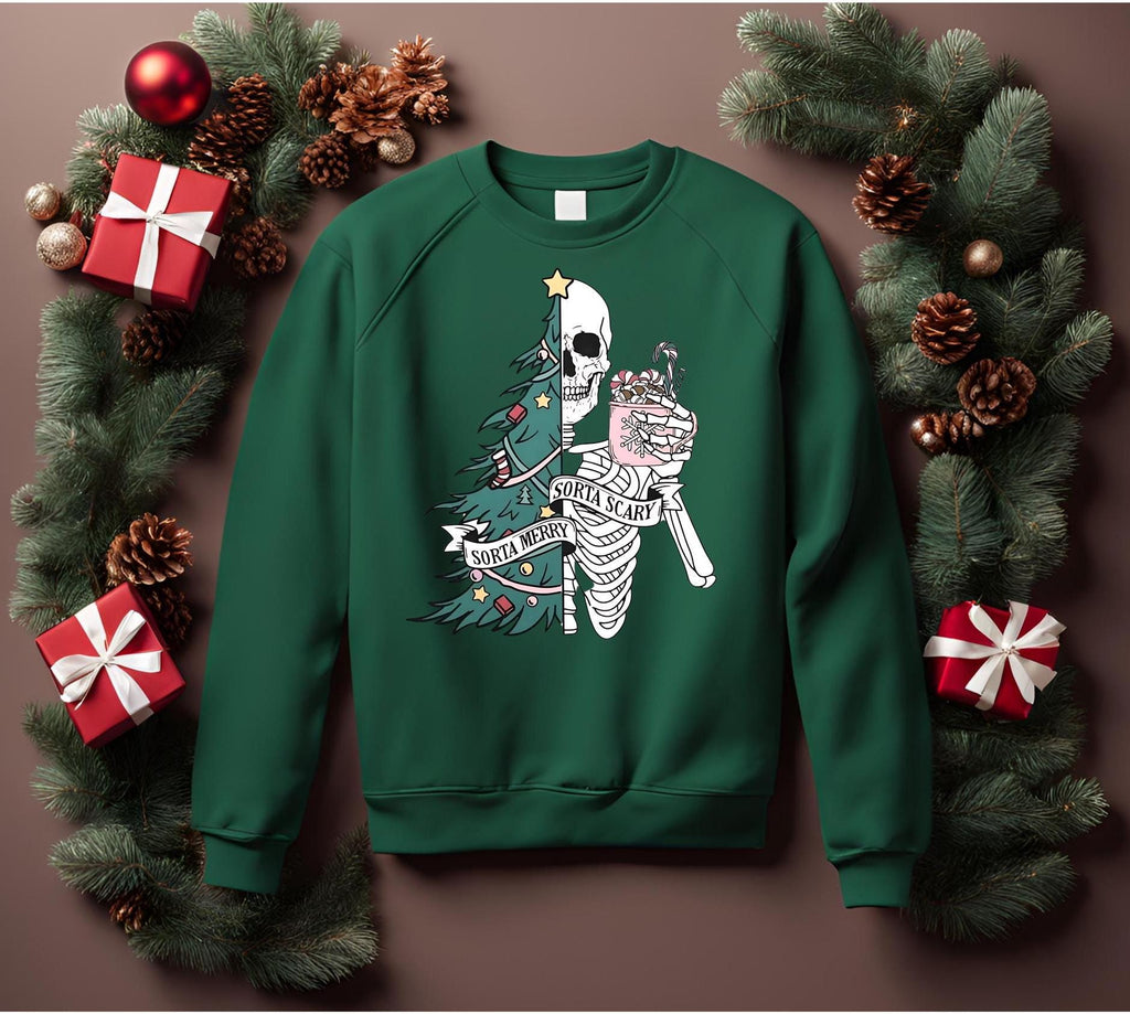 Sorta Merry Sorta Scary, Spooky Christmas Sweatshirt: Skeleton Tree, Gothic Creepmas Bella Canvas