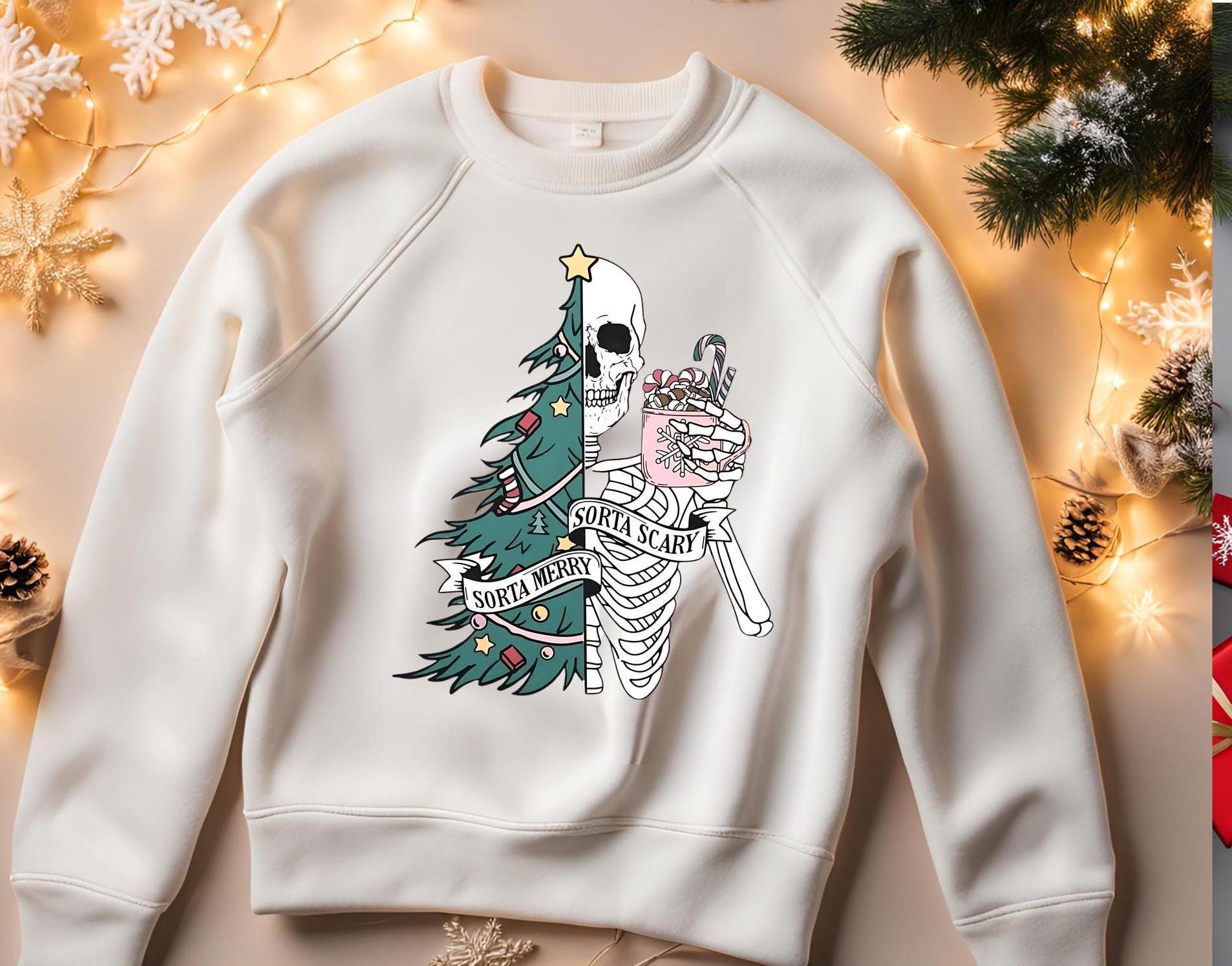 Sorta Merry Sorta Scary, Spooky Christmas Sweatshirt: Skeleton Tree, Gothic Creepmas Bella Canvas