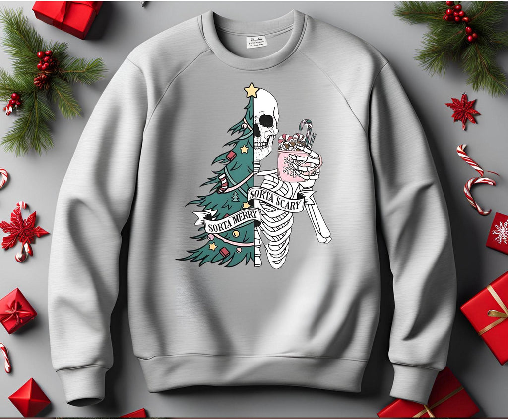 Sorta Merry Sorta Scary, Spooky Christmas Sweatshirt: Skeleton Tree, Gothic Creepmas Bella Canvas