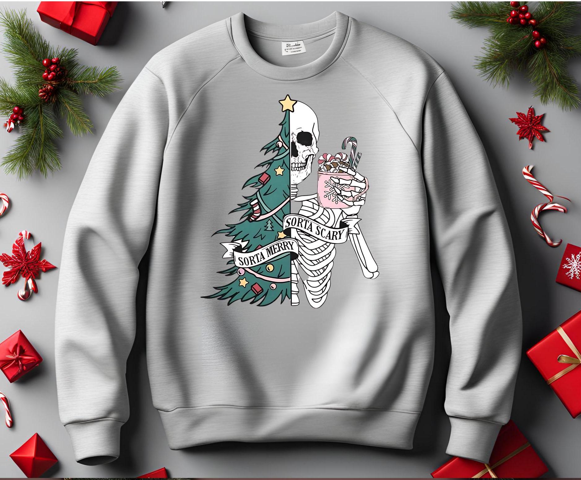 Sorta Merry Sorta Scary, Spooky Christmas Sweatshirt: Skeleton Tree, Gothic Creepmas Bella Canvas