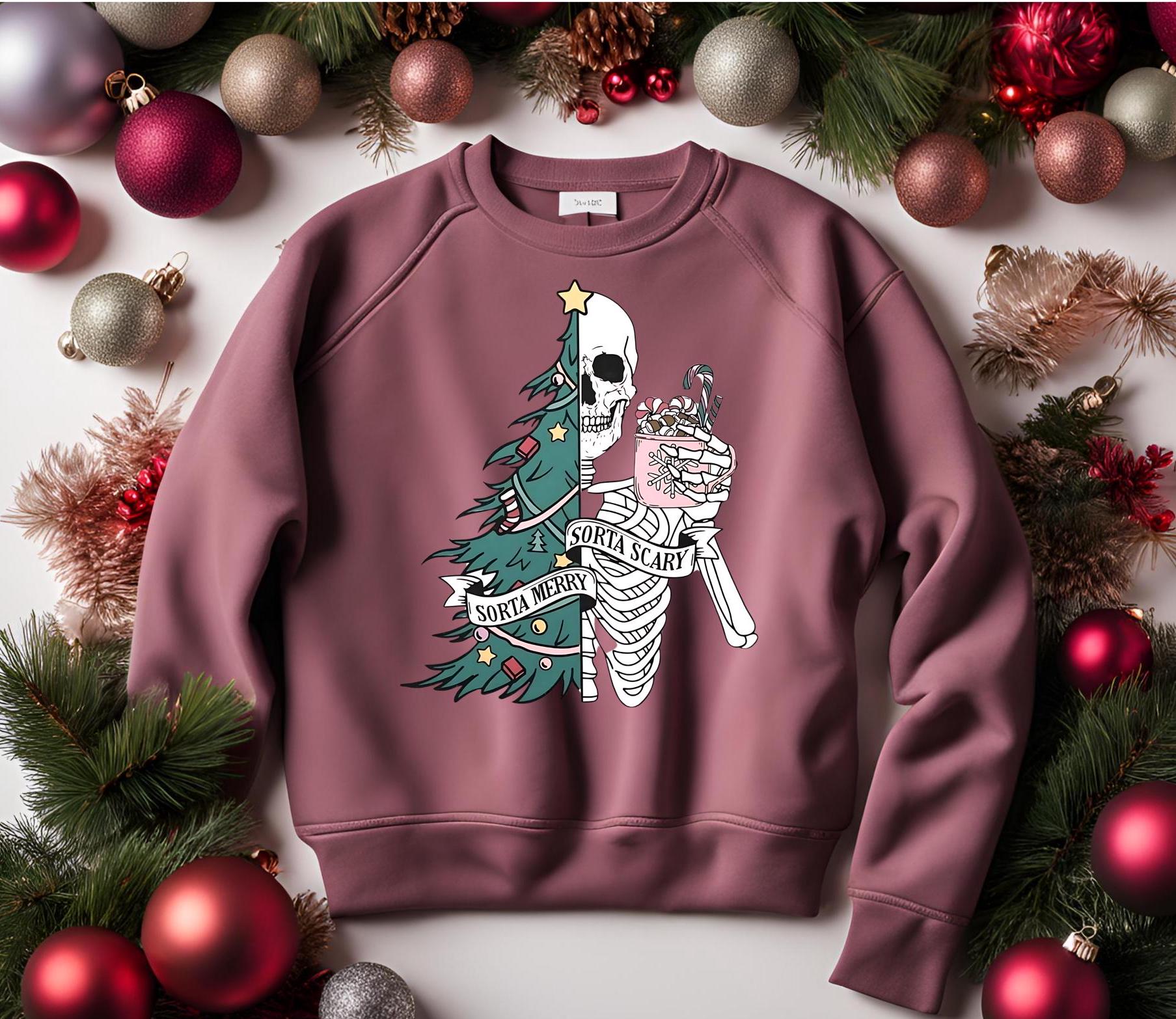 Sorta Merry Sorta Scary, Spooky Christmas Sweatshirt: Skeleton Tree, Gothic Creepmas Bella Canvas