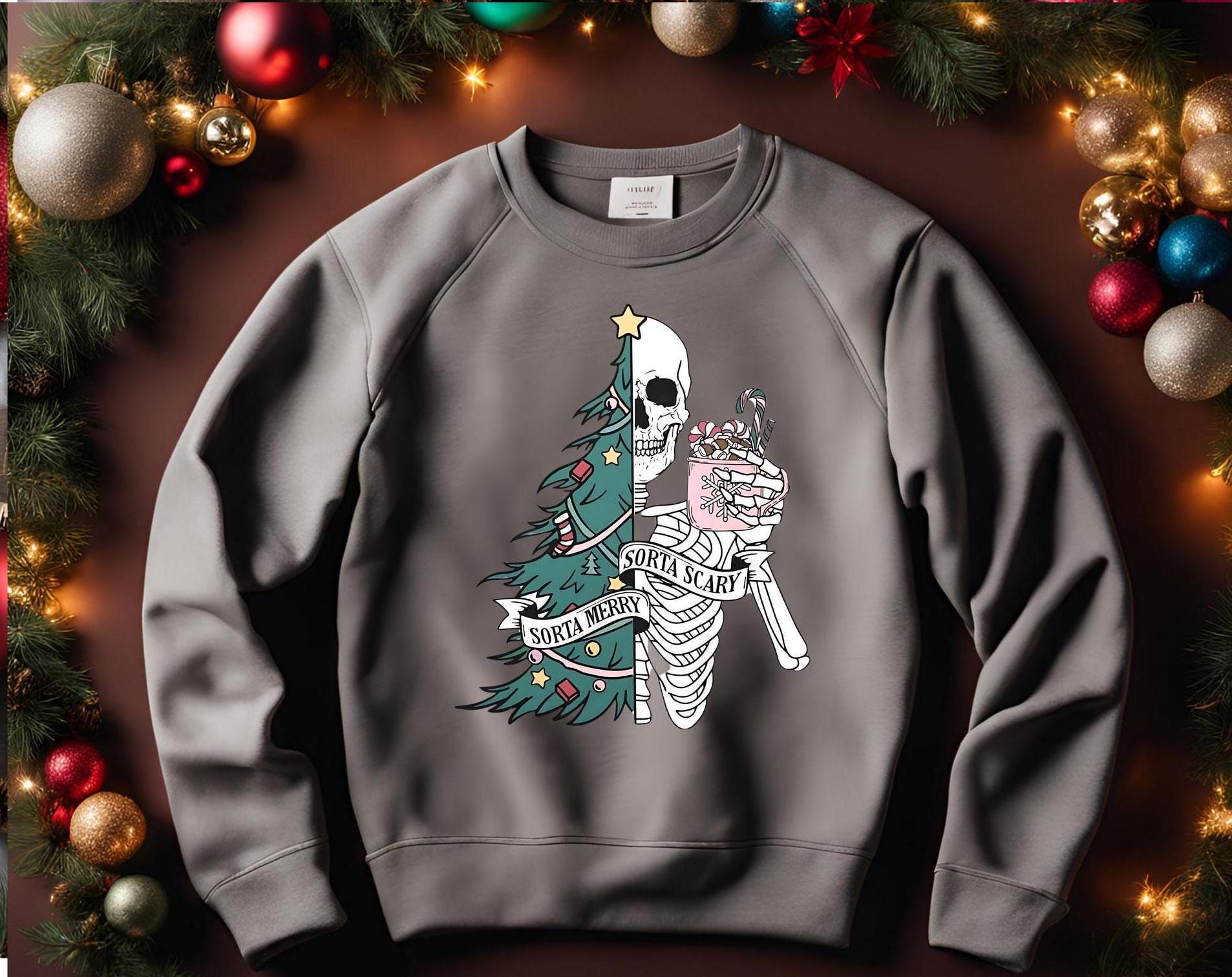 Sorta Merry Sorta Scary, Spooky Christmas Sweatshirt: Skeleton Tree, Gothic Creepmas Bella Canvas