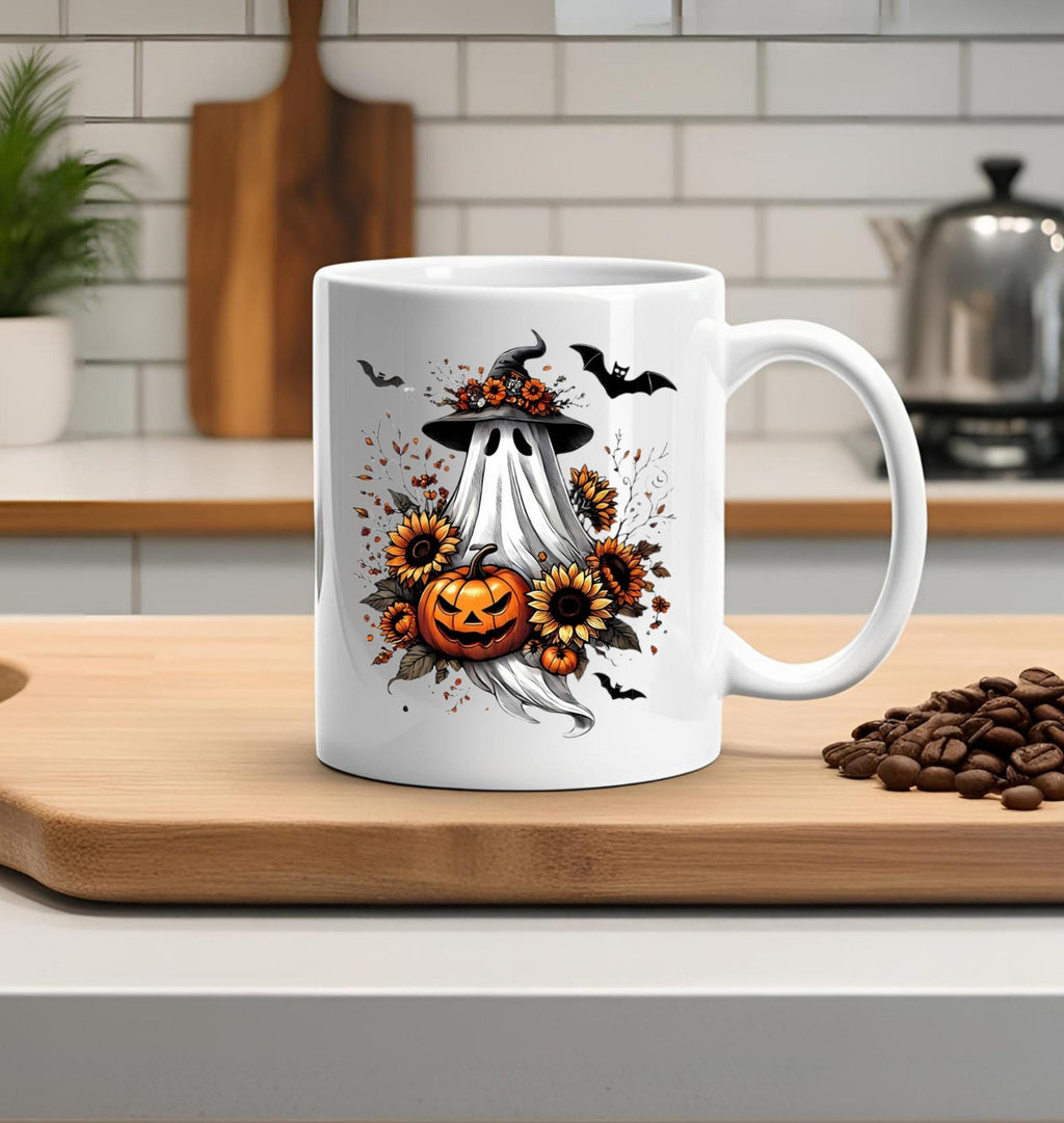 Halloween Ghost Coffee Mug: Witch Hat, Pumpkin & Sunflowers - 15 oz