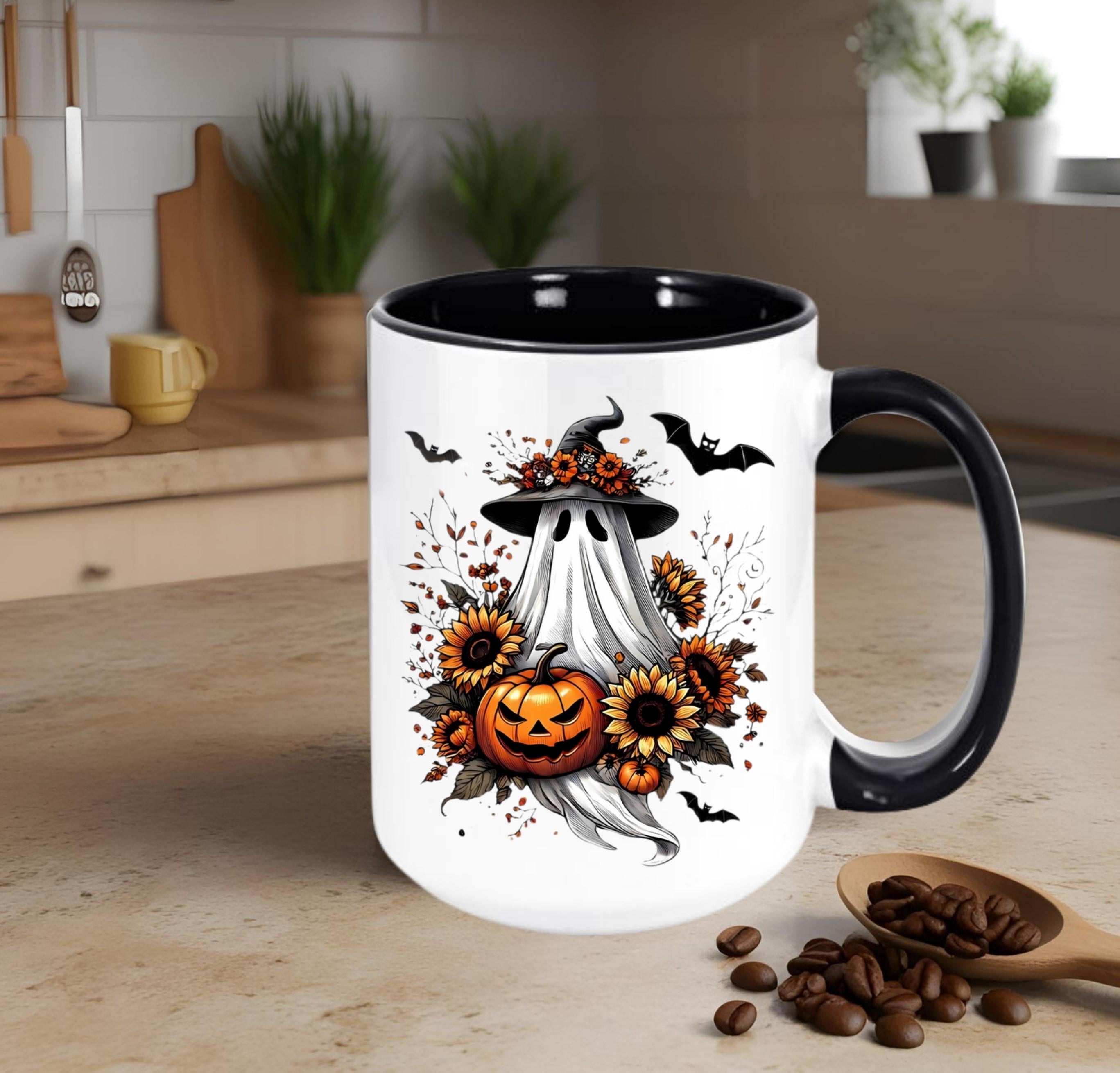 Halloween Ghost Coffee Mug: Witch Hat, Pumpkin & Sunflowers - 15 oz