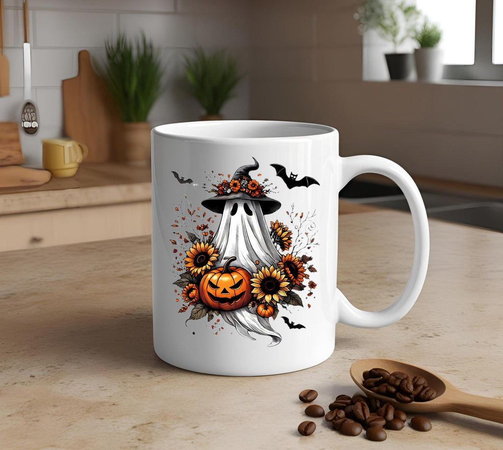 Halloween Ghost Coffee Mug: Witch Hat, Pumpkin & Sunflowers - 15 oz