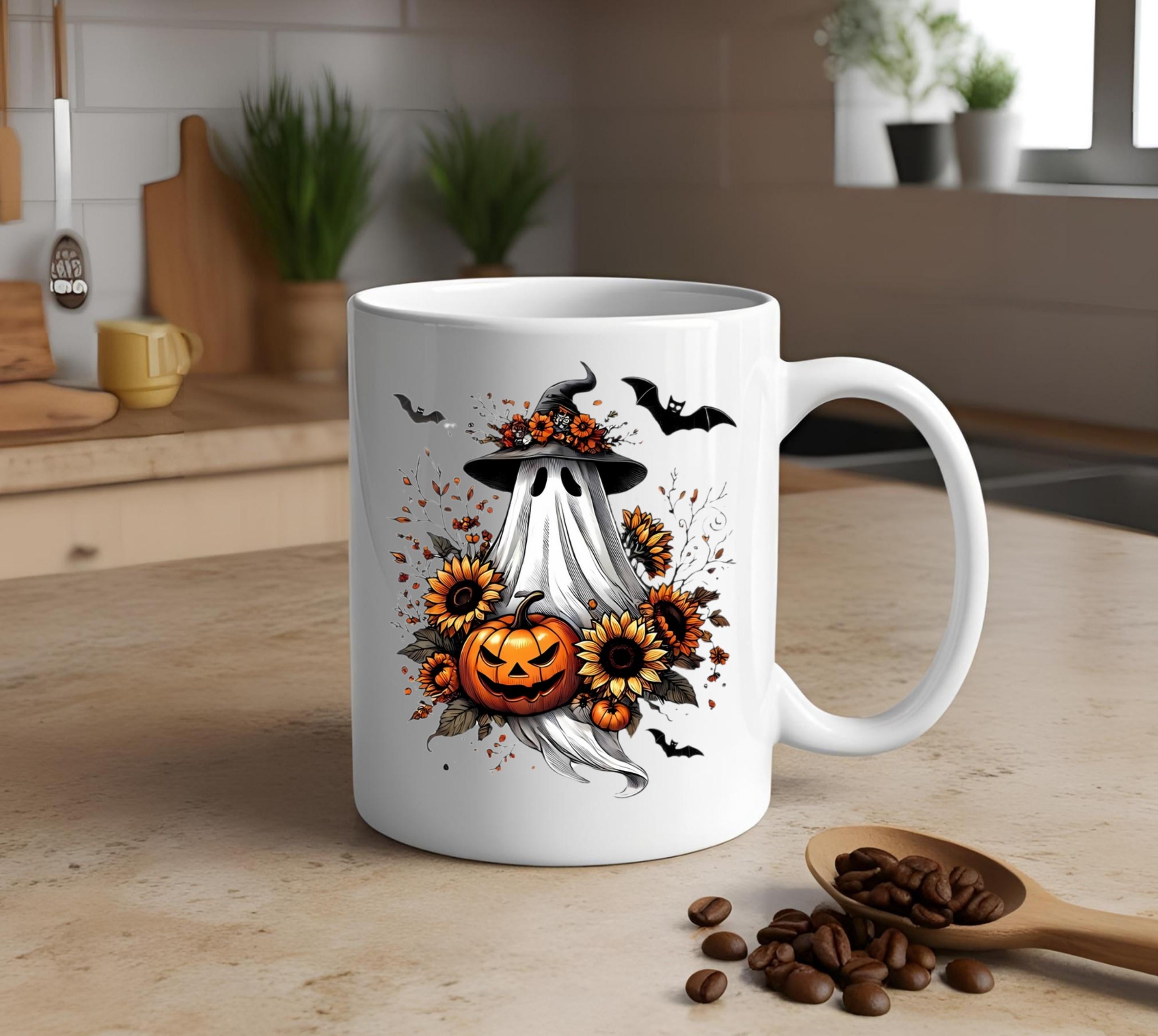 Halloween Ghost Coffee Mug: Witch Hat, Pumpkin & Sunflowers - 15 oz