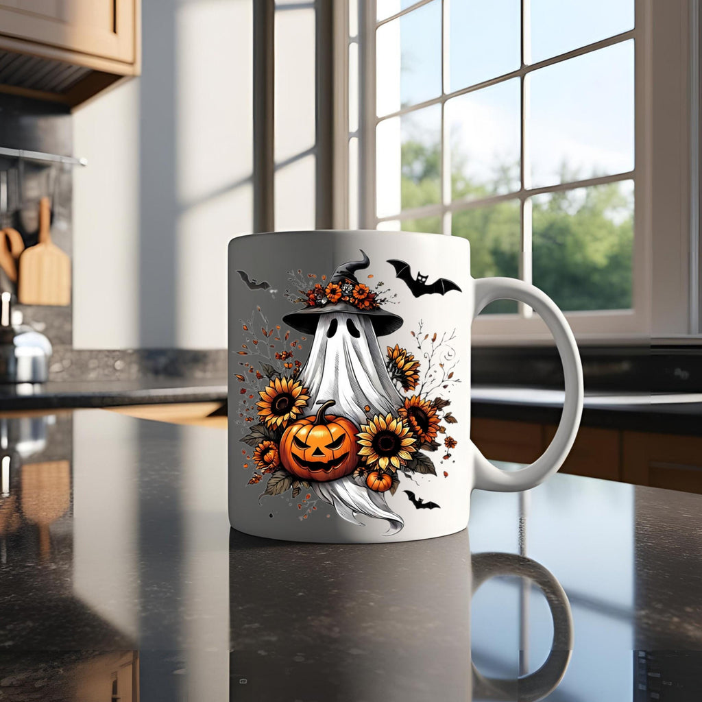 Halloween Ghost Coffee Mug: Witch Hat, Pumpkin & Sunflowers - 15 oz