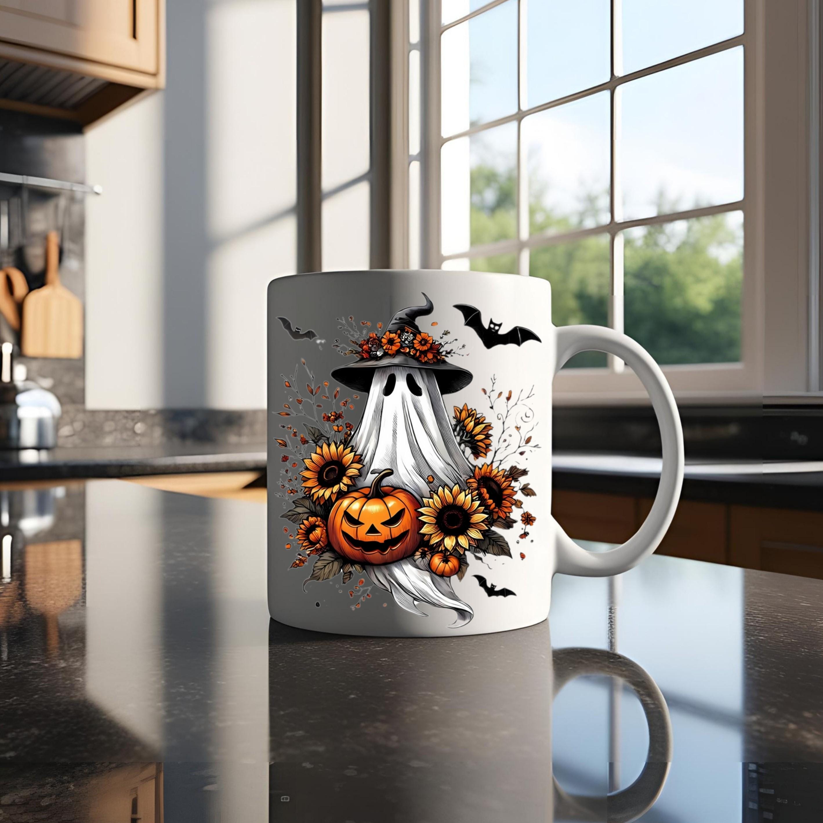 Halloween Ghost Coffee Mug: Witch Hat, Pumpkin & Sunflowers - 15 oz