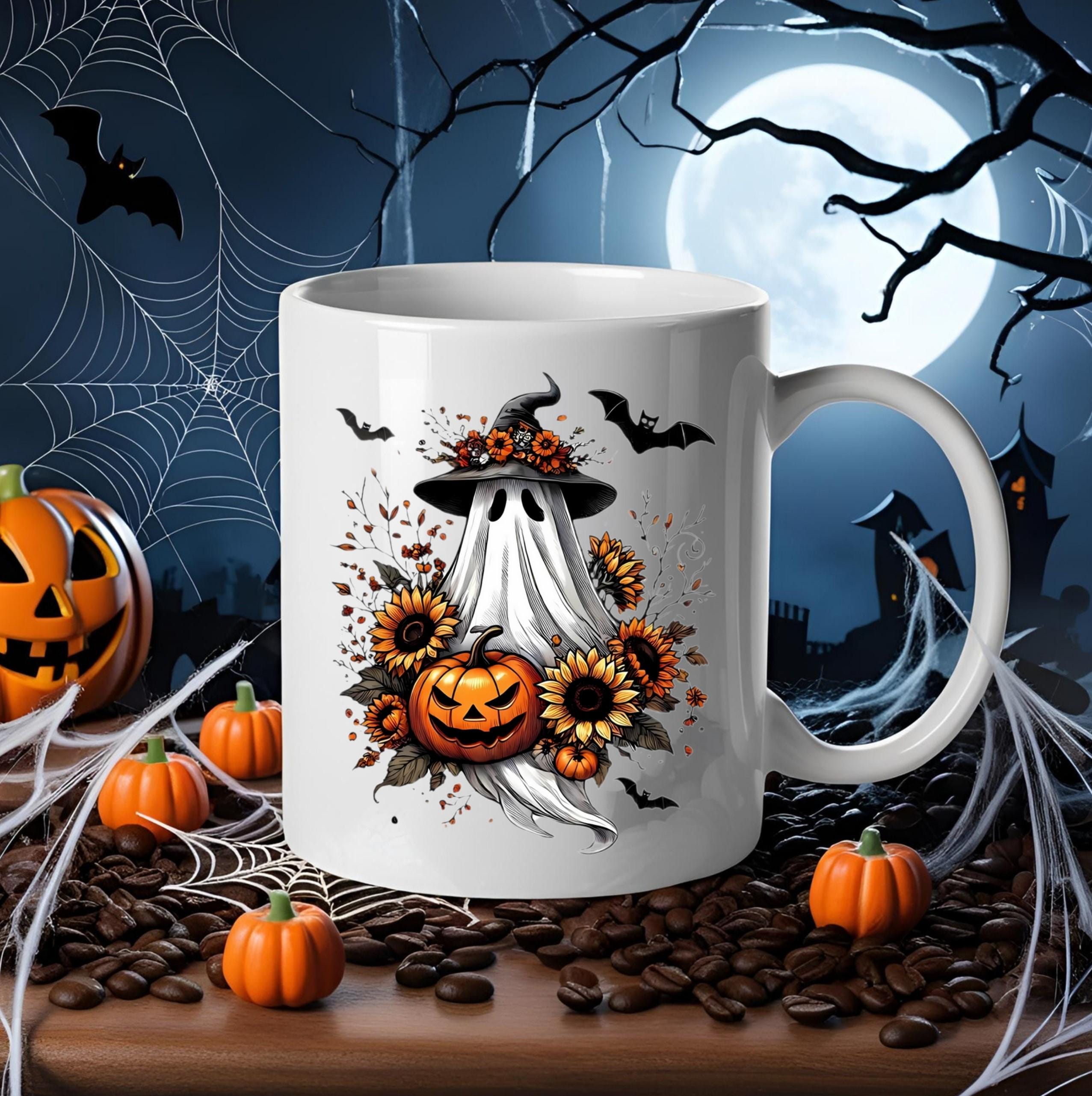 Halloween Ghost Coffee Mug: Witch Hat, Pumpkin & Sunflowers - 15 oz