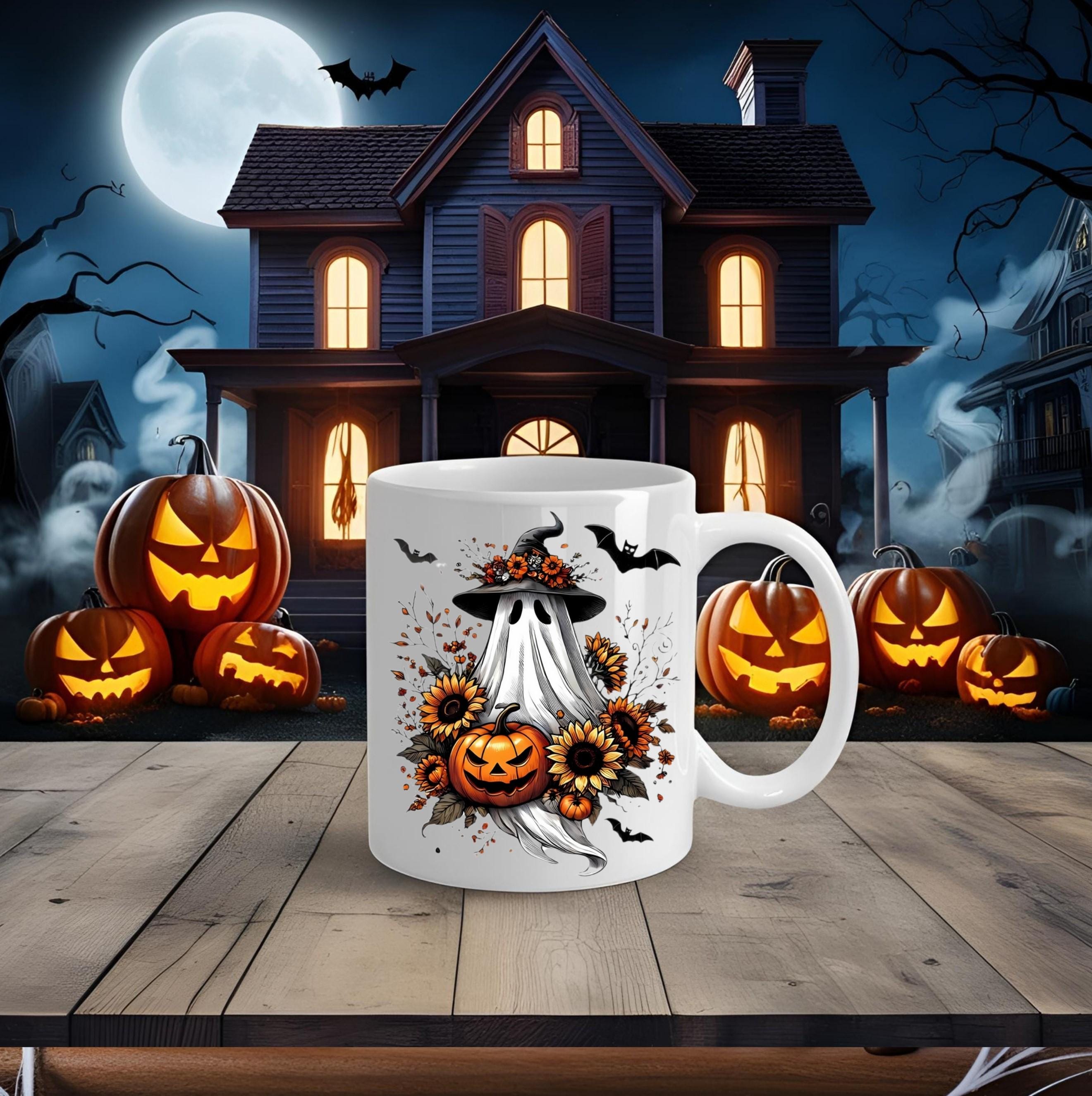 Halloween Ghost Coffee Mug: Witch Hat, Pumpkin & Sunflowers - 15 oz
