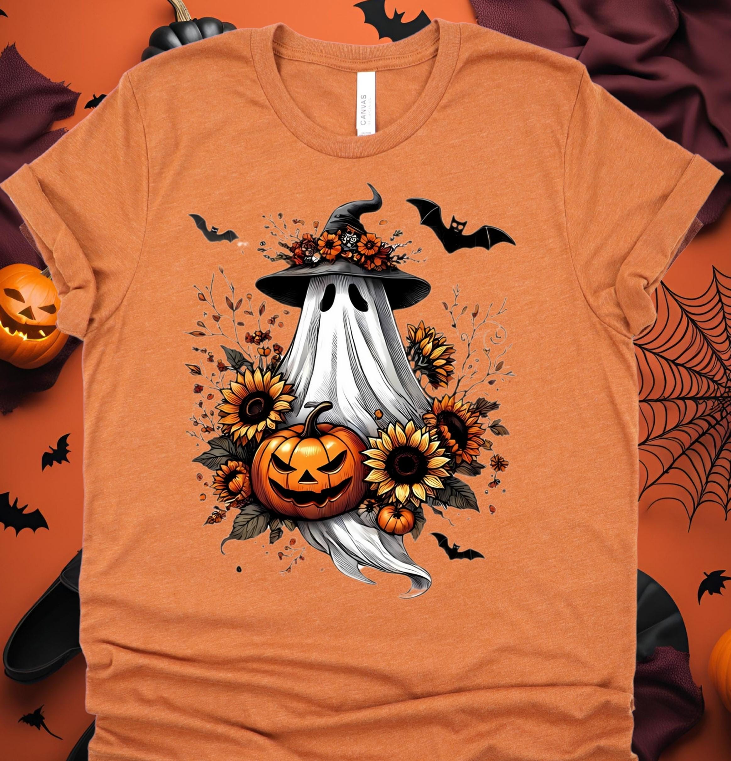 Spooky Season Ghost T-Shirt: Witch Hat, Pumpkin & Sunflower - Bella Canvas