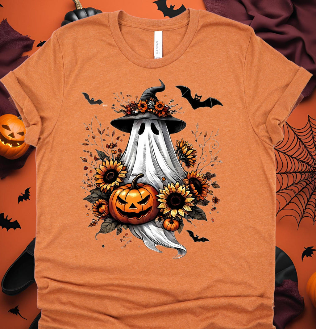 Spooky Season Ghost T-Shirt: Witch Hat, Pumpkin & Sunflower - Bella Canvas