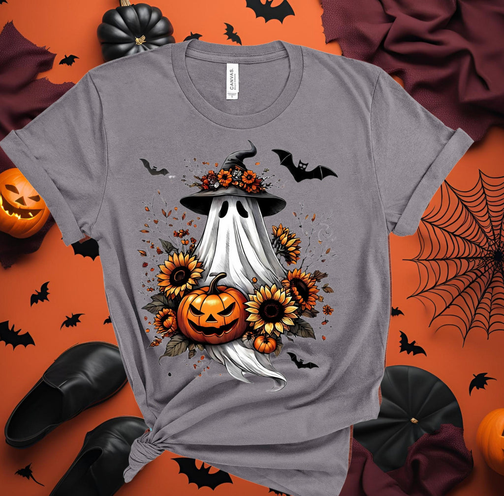 Spooky Season Ghost T-Shirt: Witch Hat, Pumpkin & Sunflower - Bella Canvas