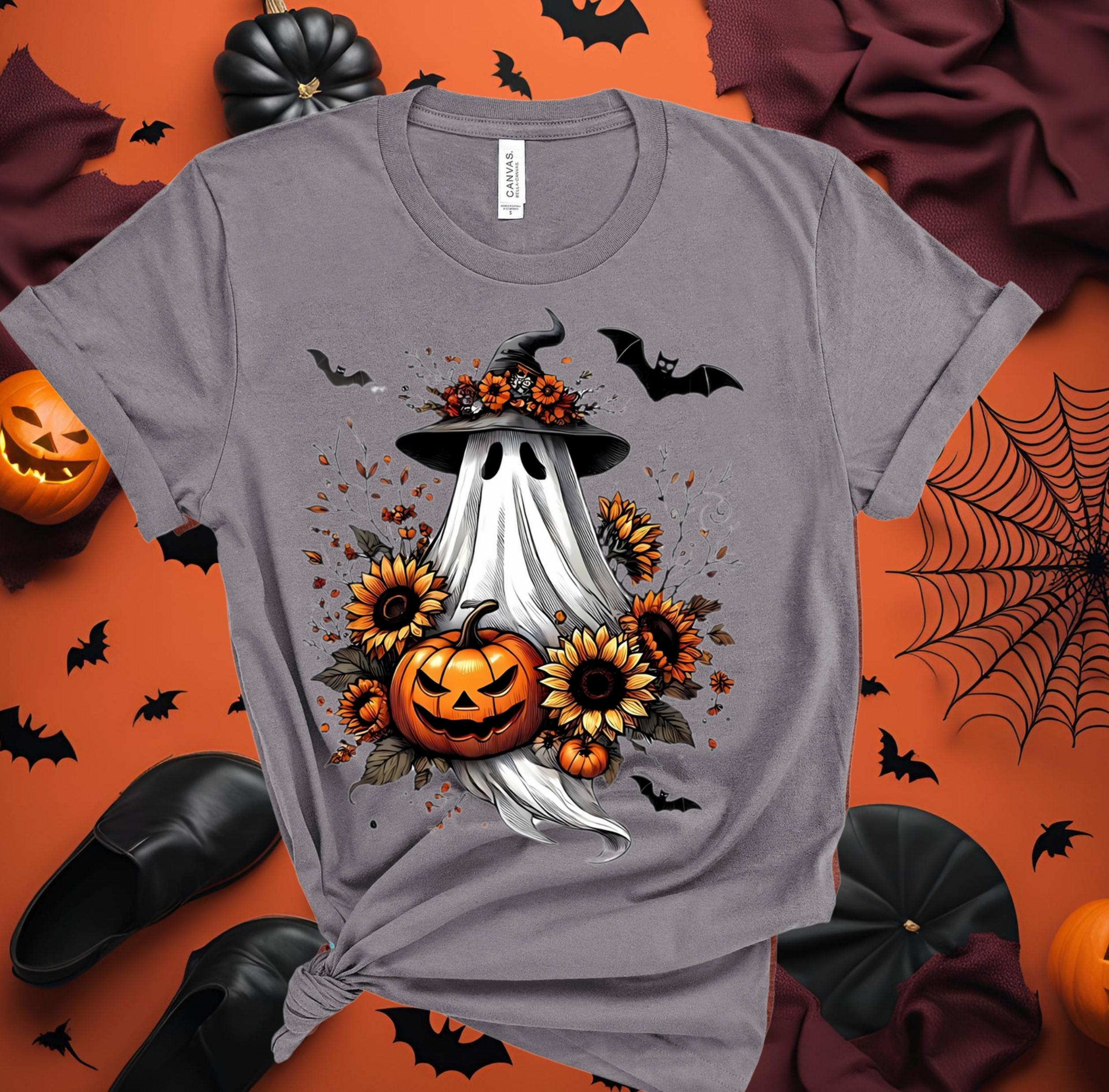 Spooky Season Ghost T-Shirt: Witch Hat, Pumpkin & Sunflower - Bella Canvas