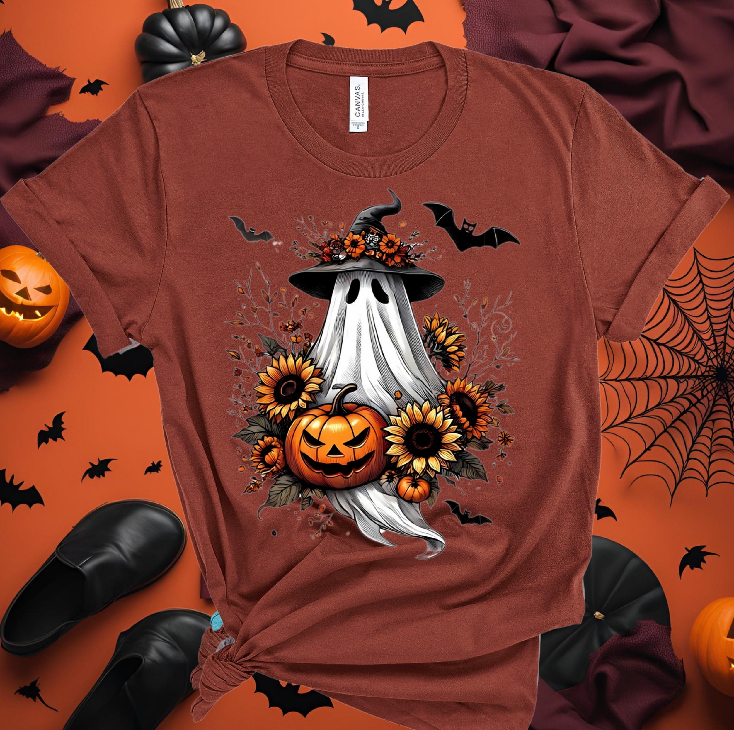 Spooky Season Ghost T-Shirt: Witch Hat, Pumpkin & Sunflower - Bella Canvas