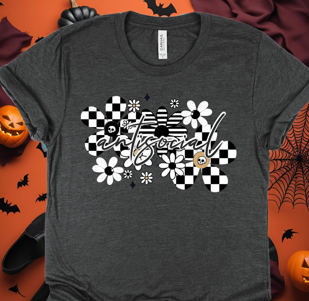 Skull Floral Checkered Graphic Tee: Antisocial Gothic Bella Canvas Top