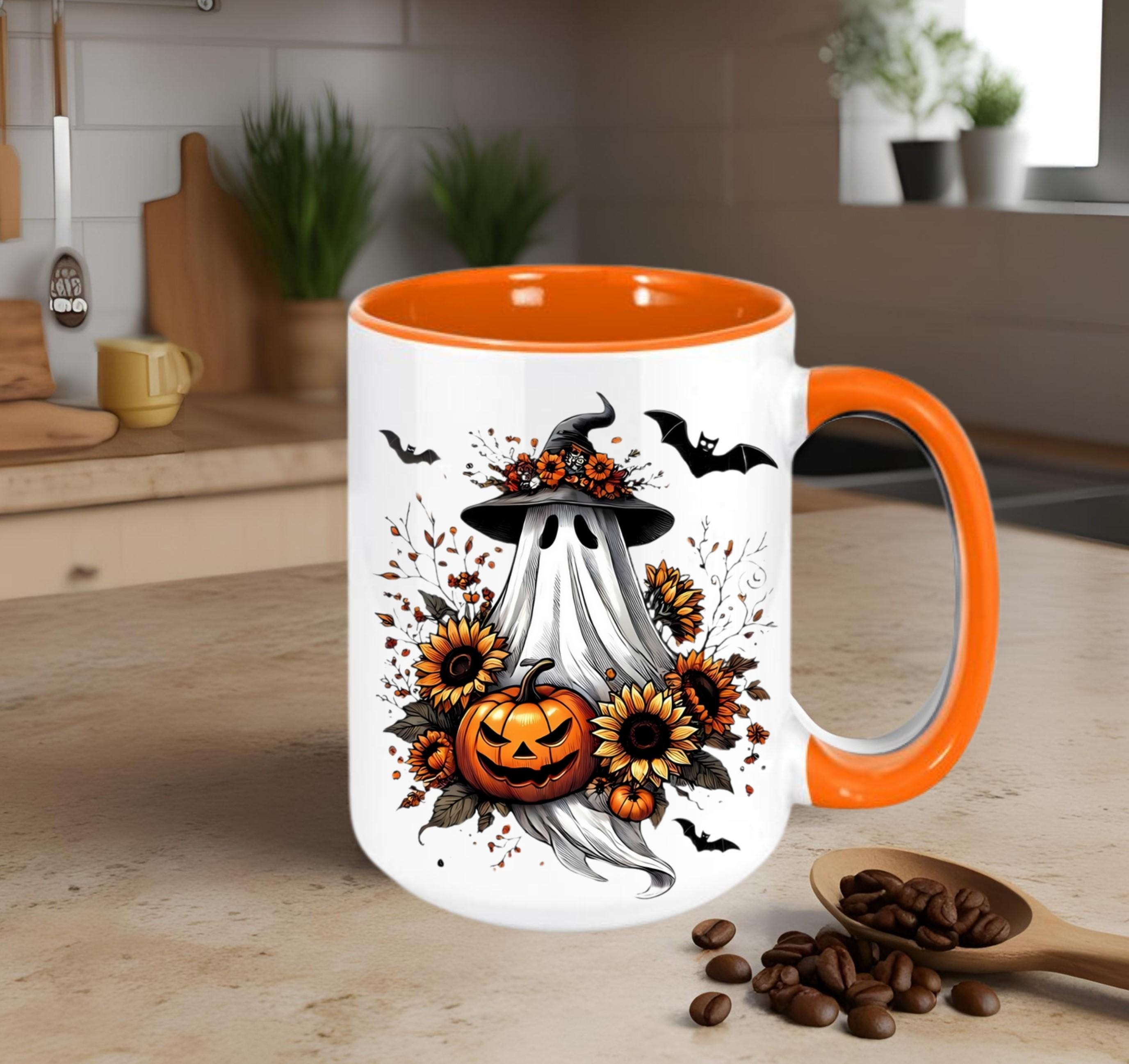 Halloween Ghost Coffee Mug: Witch Hat, Pumpkin & Sunflowers - 15 oz