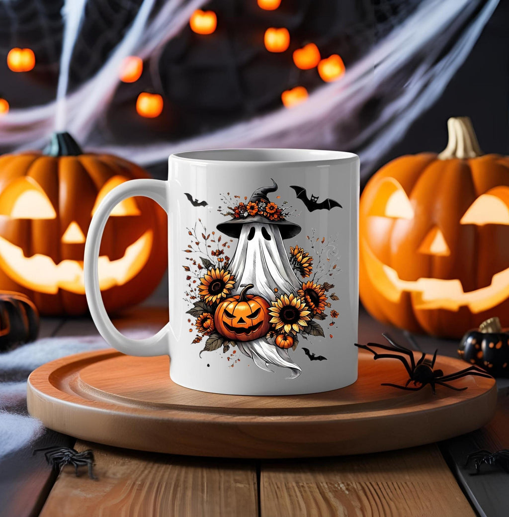 Halloween Ghost Coffee Mug: Witch Hat, Pumpkin & Sunflowers - 15 oz