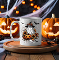 Halloween Ghost Coffee Mug: Witch Hat, Pumpkin & Sunflowers - 15 oz