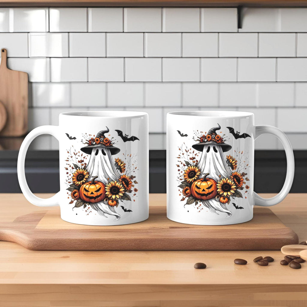 Halloween Ghost Coffee Mug: Witch Hat, Pumpkin & Sunflowers - 15 oz