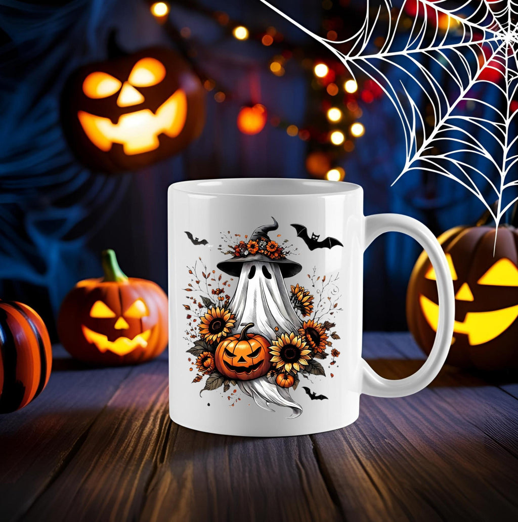 Halloween Ghost Coffee Mug: Witch Hat, Pumpkin & Sunflowers - 15 oz