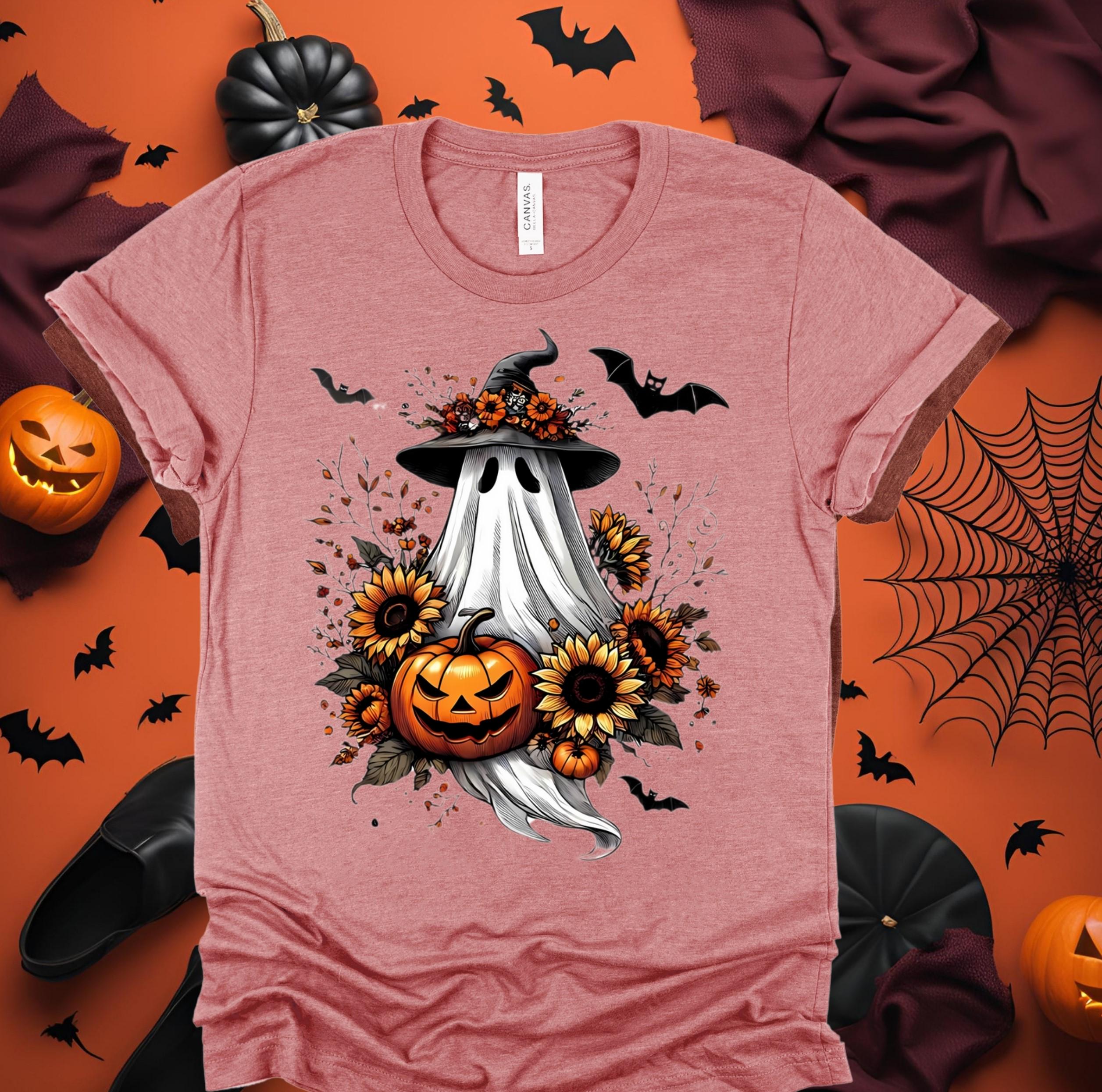 Spooky Season Ghost T-Shirt: Witch Hat, Pumpkin & Sunflower - Bella Canvas