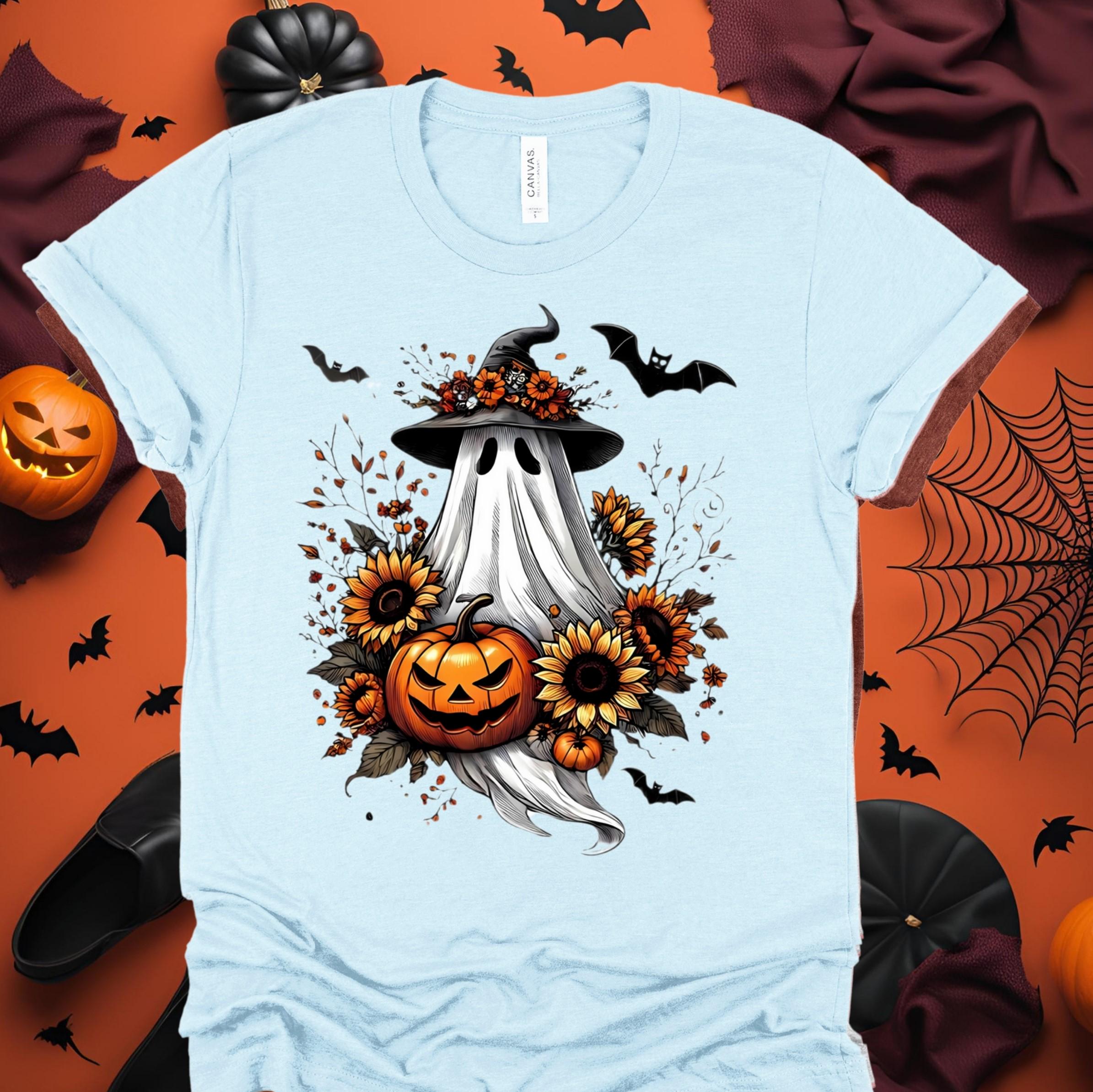 Spooky Season Ghost T-Shirt: Witch Hat, Pumpkin & Sunflower - Bella Canvas