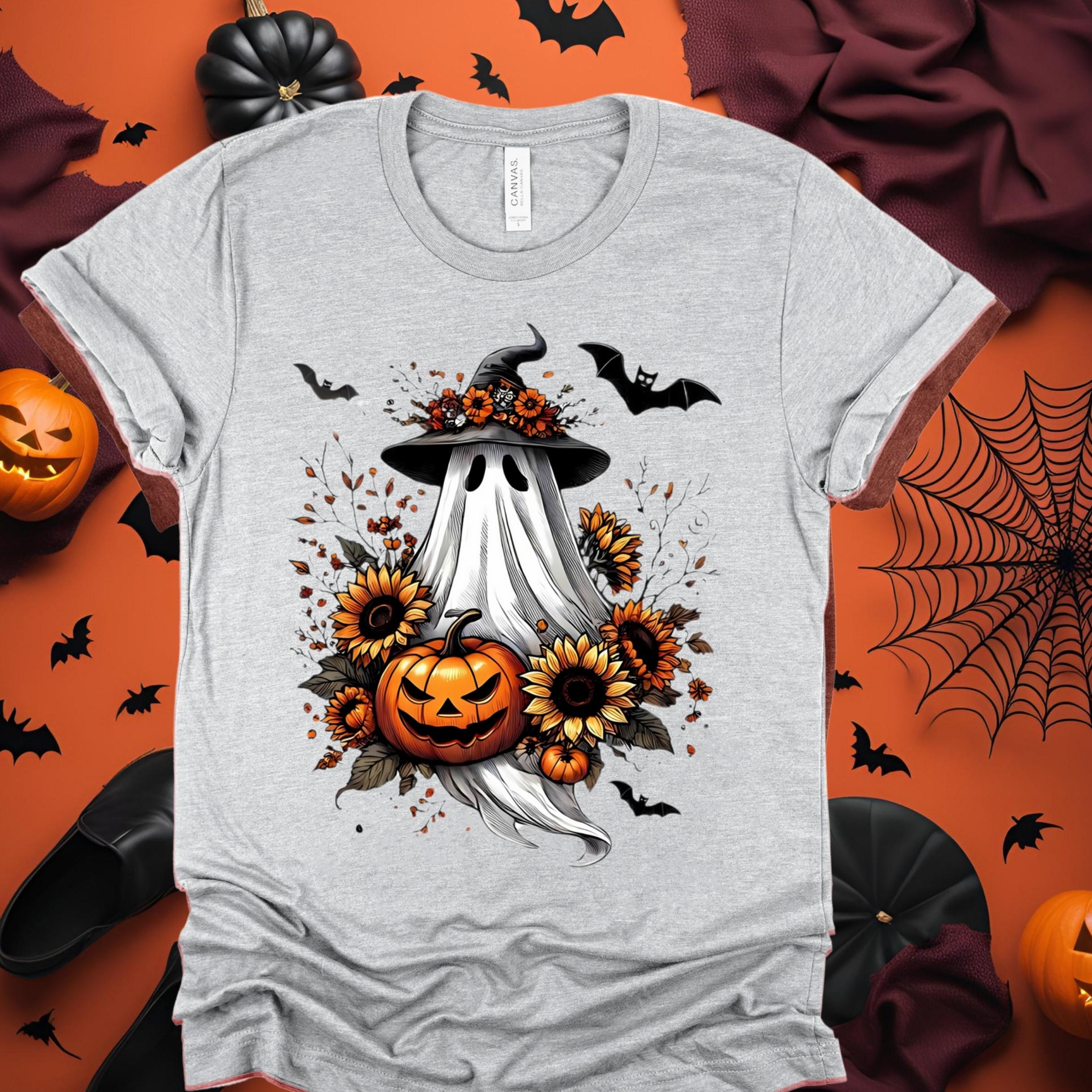 Spooky Season Ghost T-Shirt: Witch Hat, Pumpkin & Sunflower - Bella Canvas