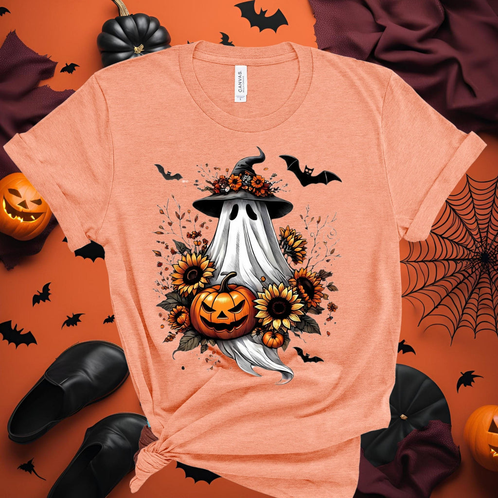 Spooky Season Ghost T-Shirt: Witch Hat, Pumpkin & Sunflower - Bella Canvas