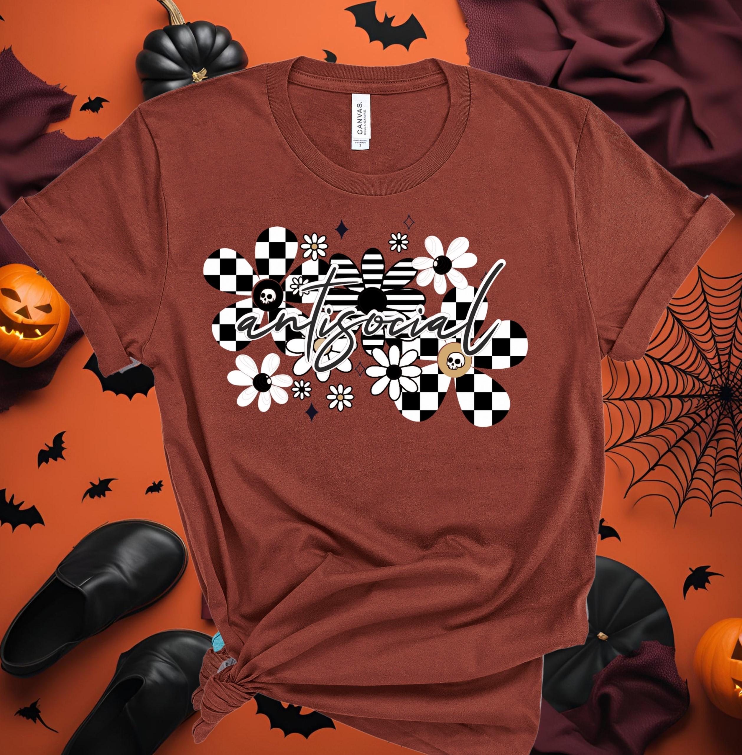 Skull Floral Checkered Graphic Tee: Antisocial Gothic Bella Canvas Top