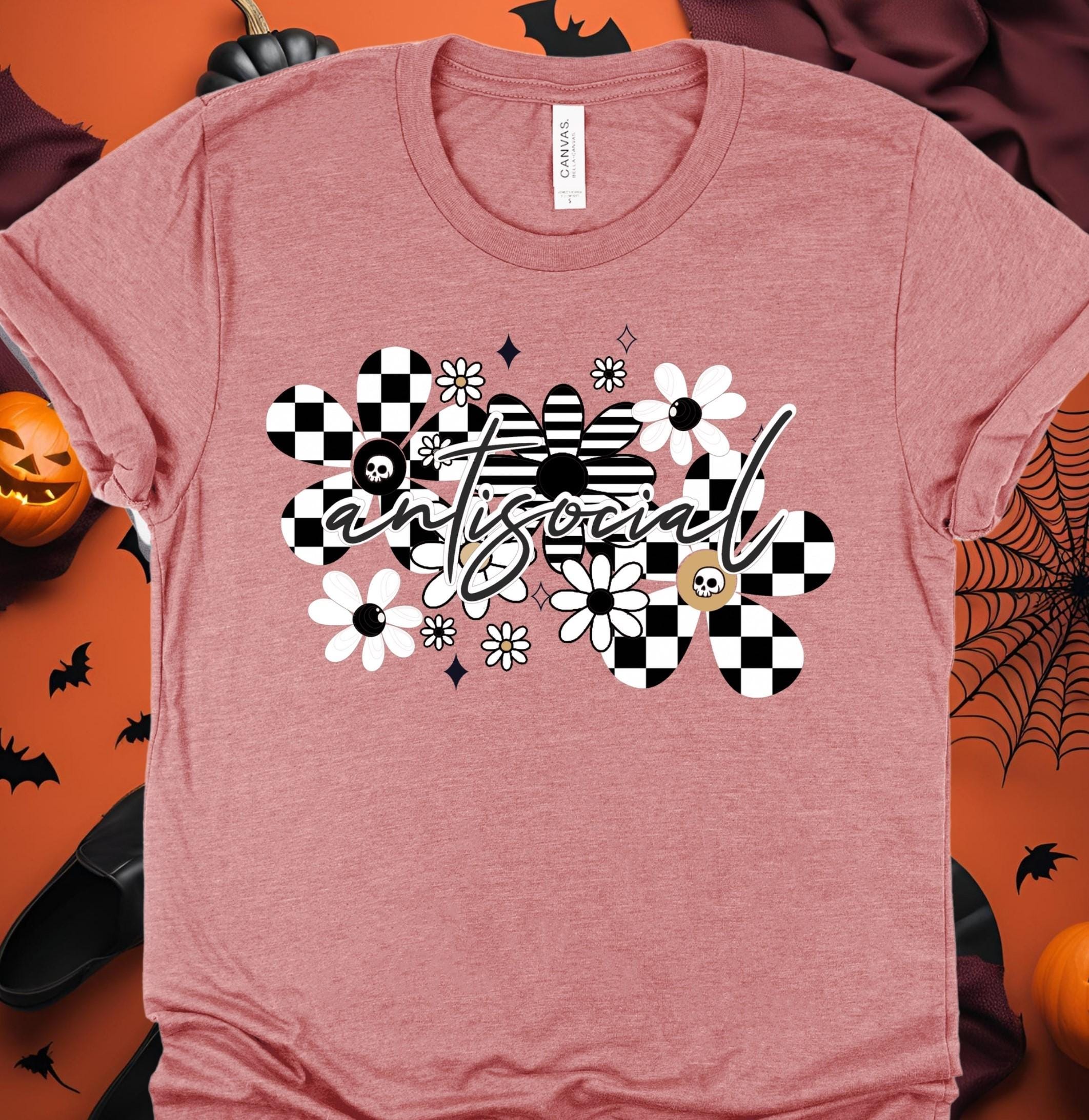 Skull Floral Checkered Graphic Tee: Antisocial Gothic Bella Canvas Top