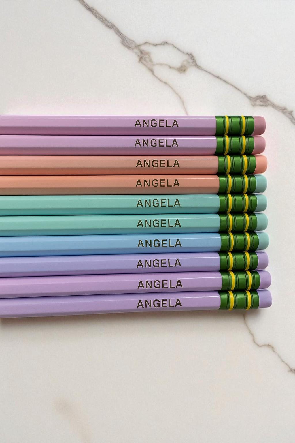 Personalized Pastel Pencils: Custom Engraved Name, Heart, Star, Pet Icons - Set of 10
