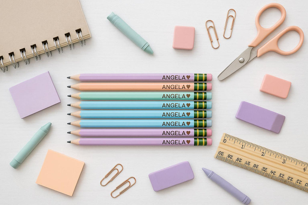 Personalized Pastel Pencils: Custom Engraved Name, Heart, Star, Pet Icons - Set of 10