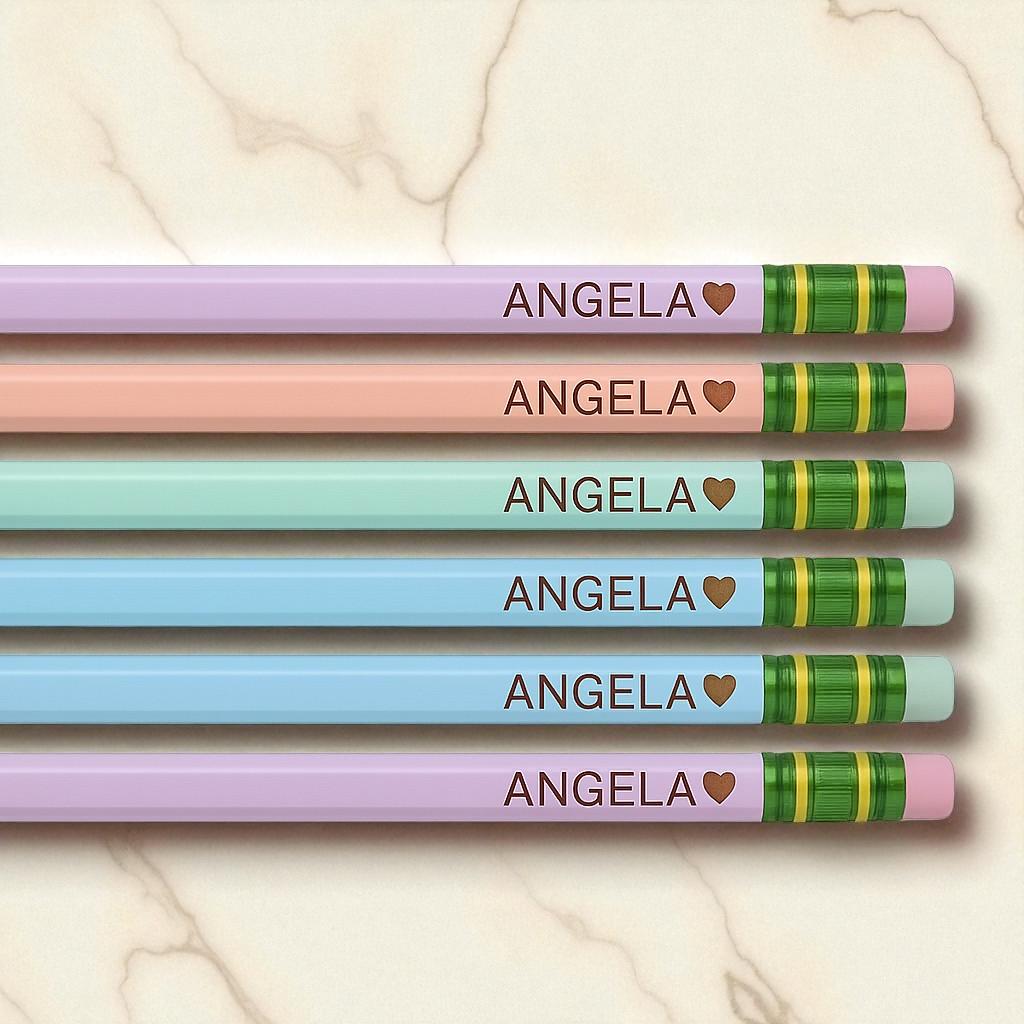 Personalized Pastel Pencils: Custom Engraved Name, Heart, Star, Pet Icons - Set of 10