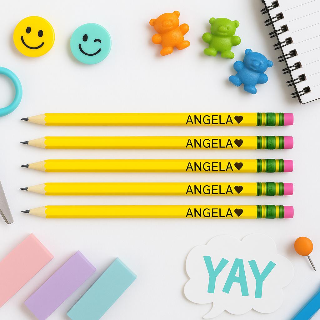 Personalized Yellow Pencils: Custom Engraved Name & Icon, Set of 10