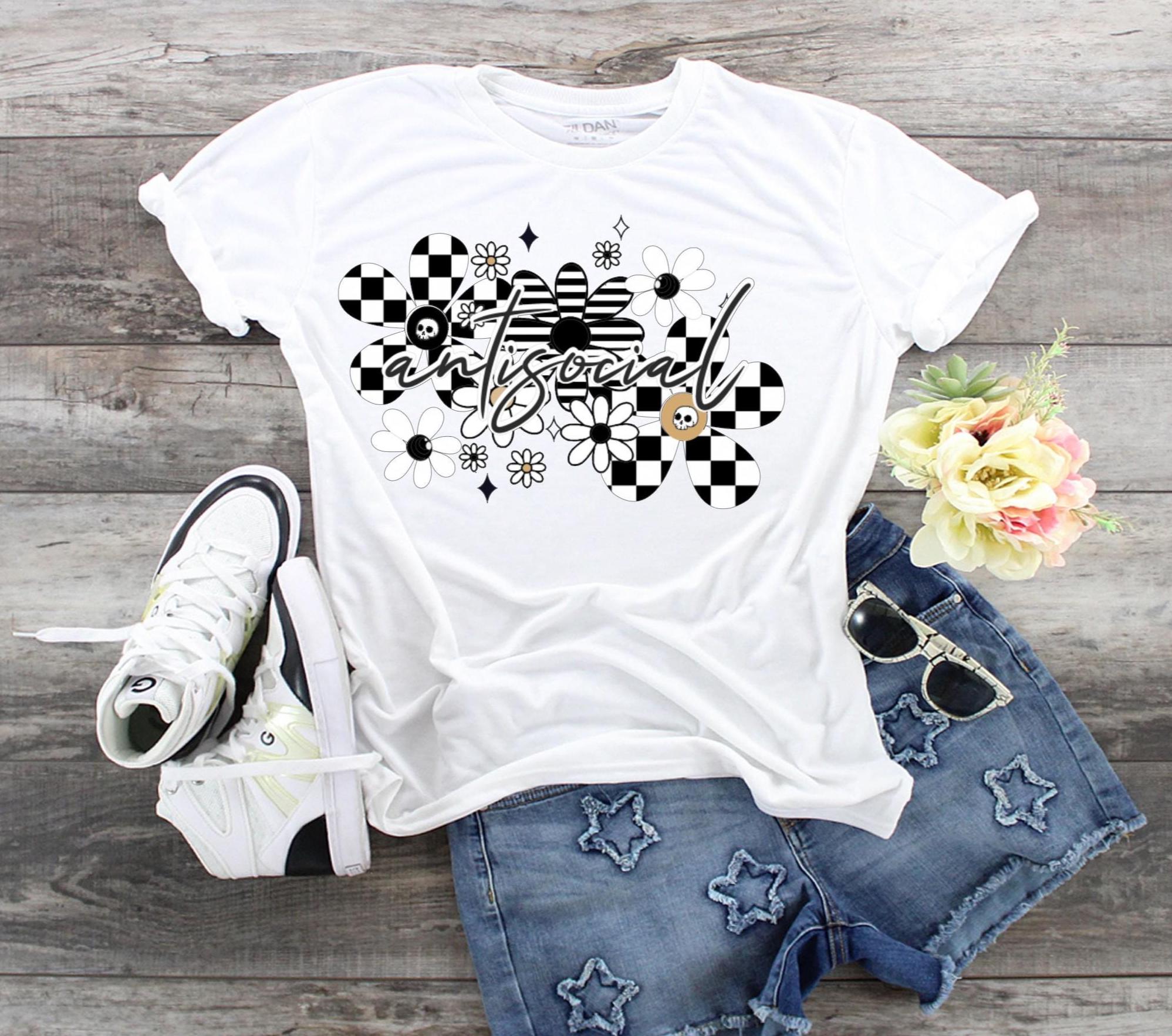 Skull Floral Checkered Graphic Tee: Antisocial Gothic Bella Canvas Top