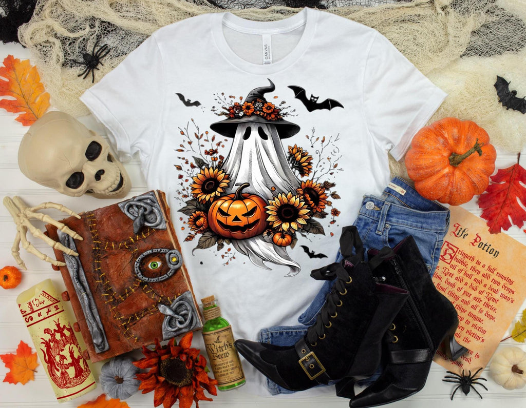 Spooky Season Ghost T-Shirt: Witch Hat, Pumpkin & Sunflower - Bella Canvas