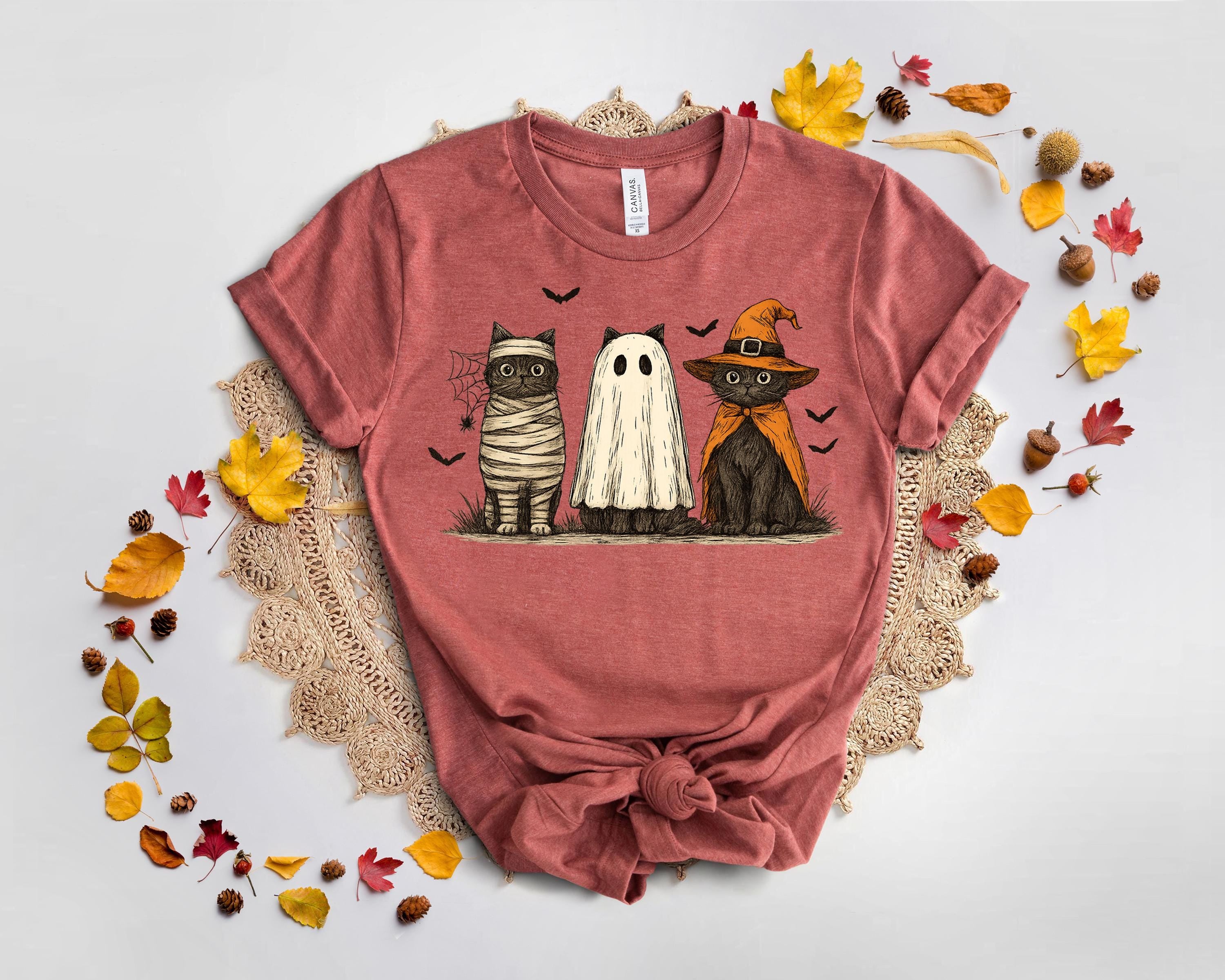 Halloween Cat Tee: Spooky Ghost, Witch, Mummy Cats - Bella Canvas 3001