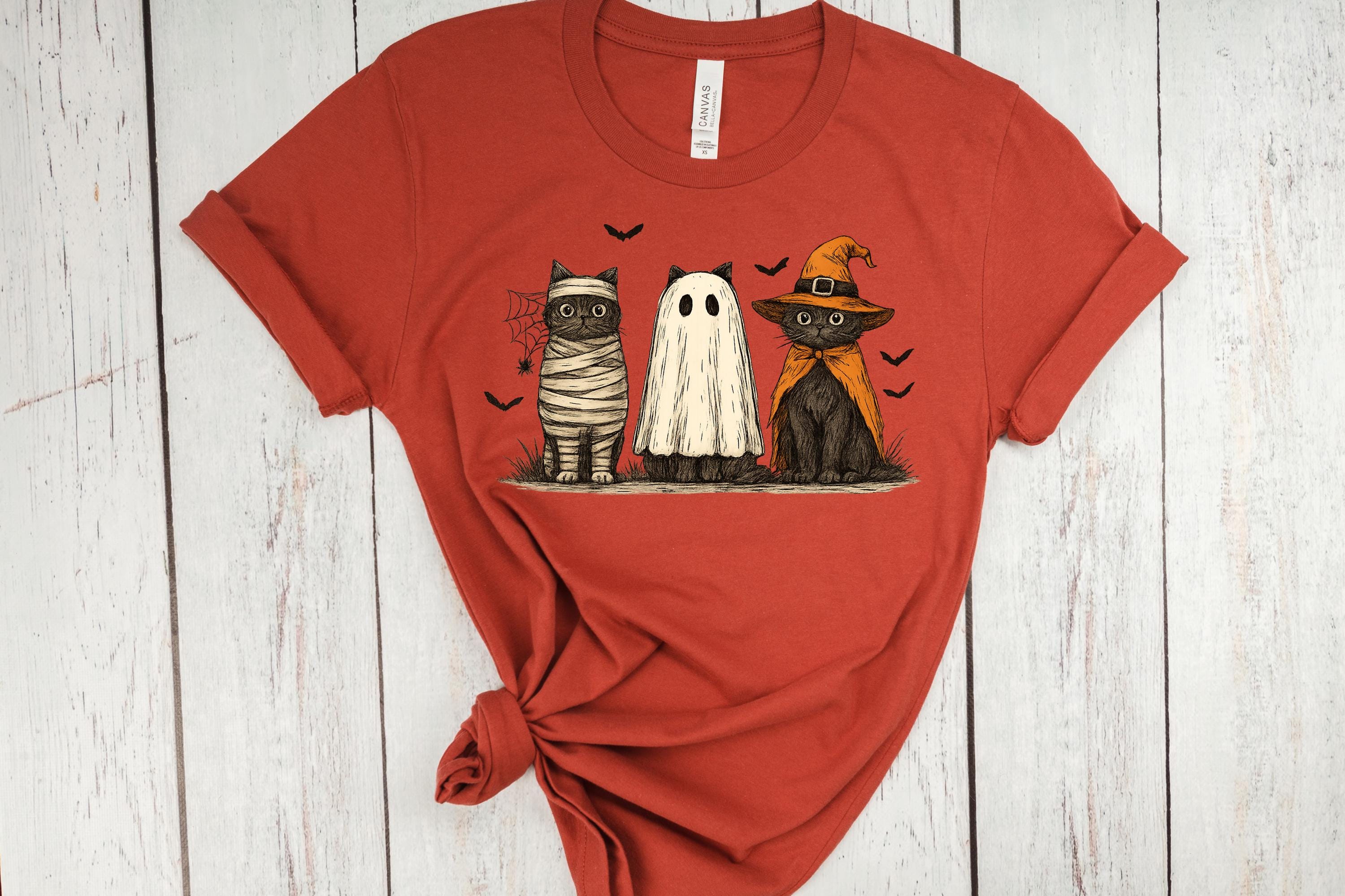 Halloween Cat Tee: Spooky Ghost, Witch, Mummy Cats - Bella Canvas 3001
