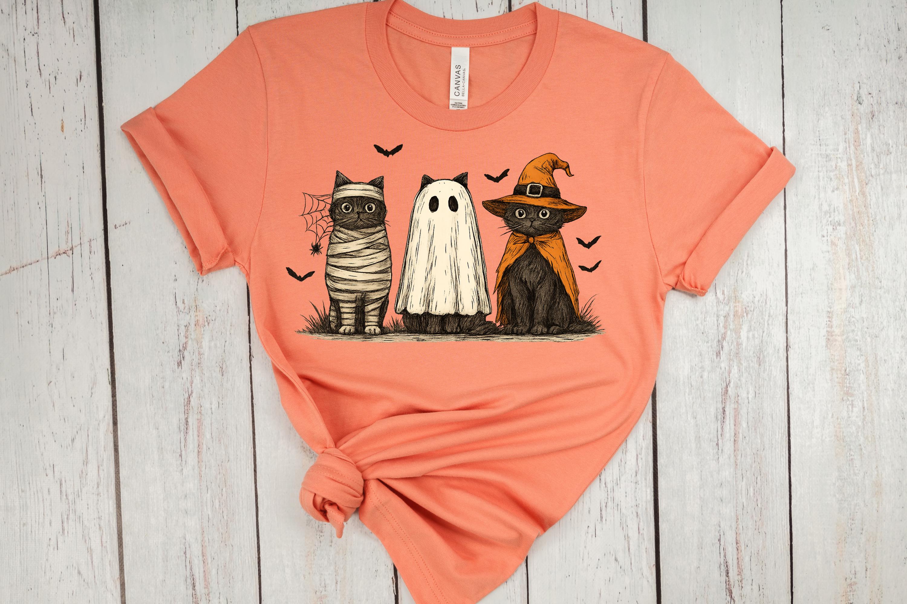 Halloween Cat Tee: Spooky Ghost, Witch, Mummy Cats - Bella Canvas 3001