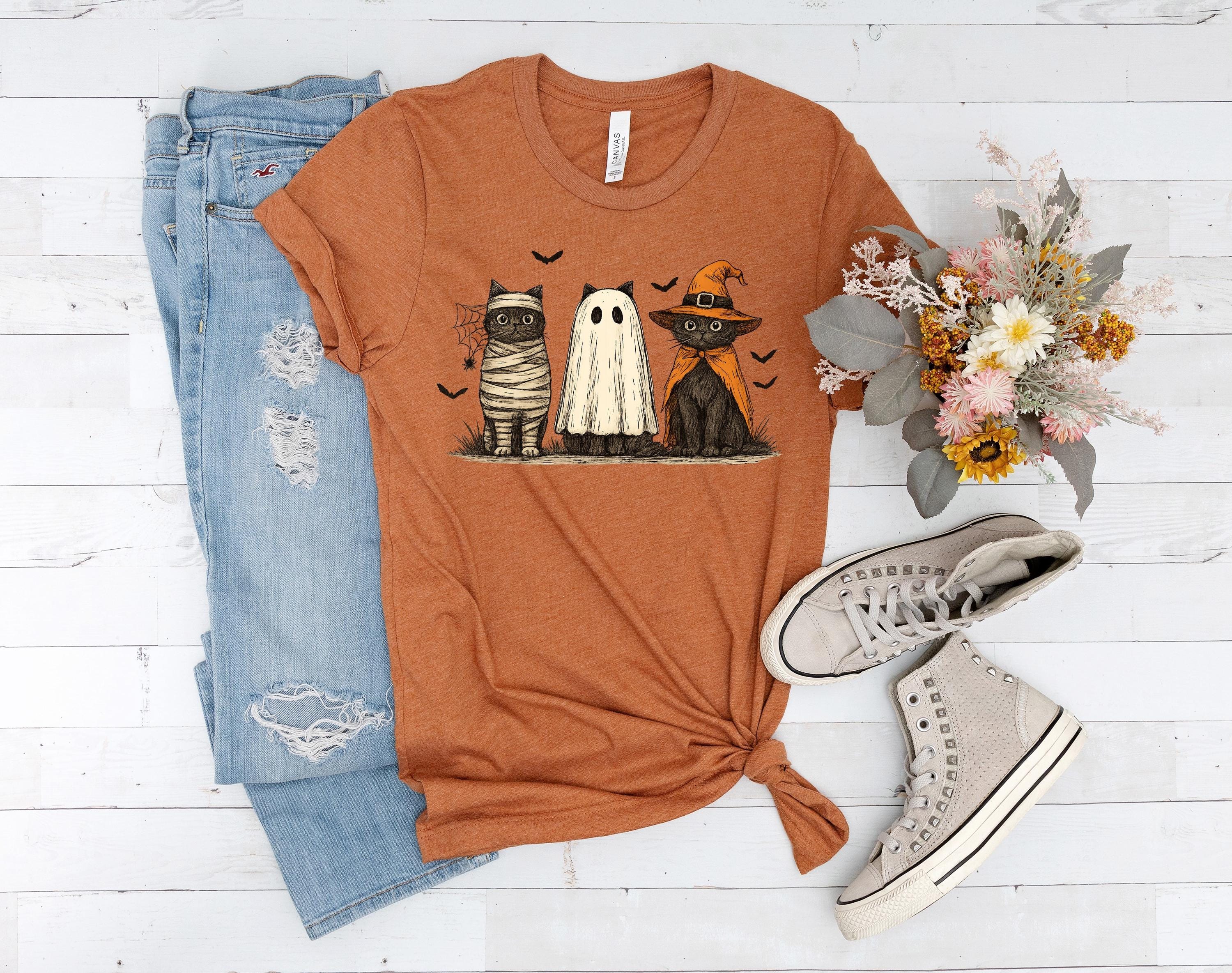 Halloween Cat Tee: Spooky Ghost, Witch, Mummy Cats - Bella Canvas 3001