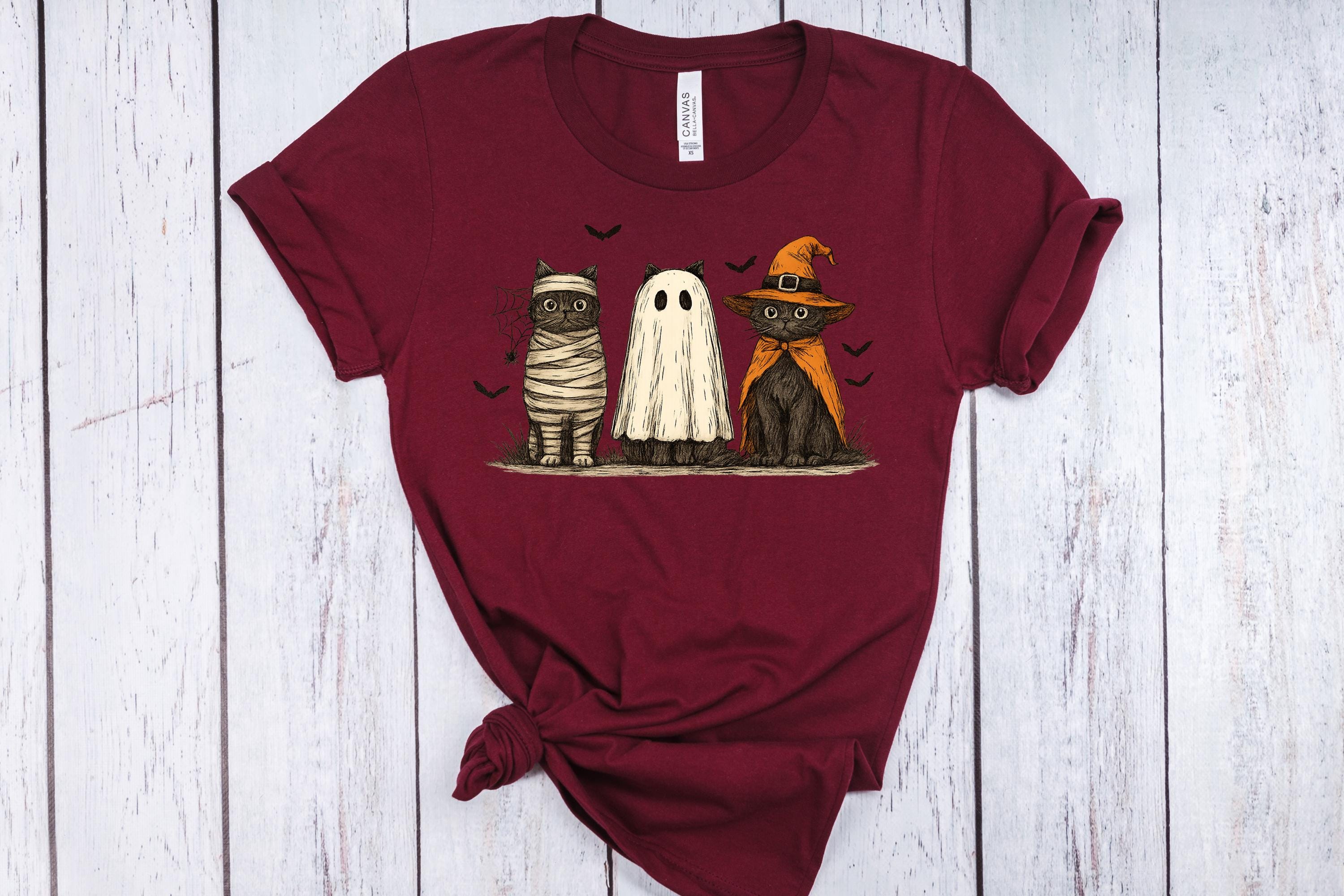 Halloween Cat Tee: Spooky Ghost, Witch, Mummy Cats - Bella Canvas 3001
